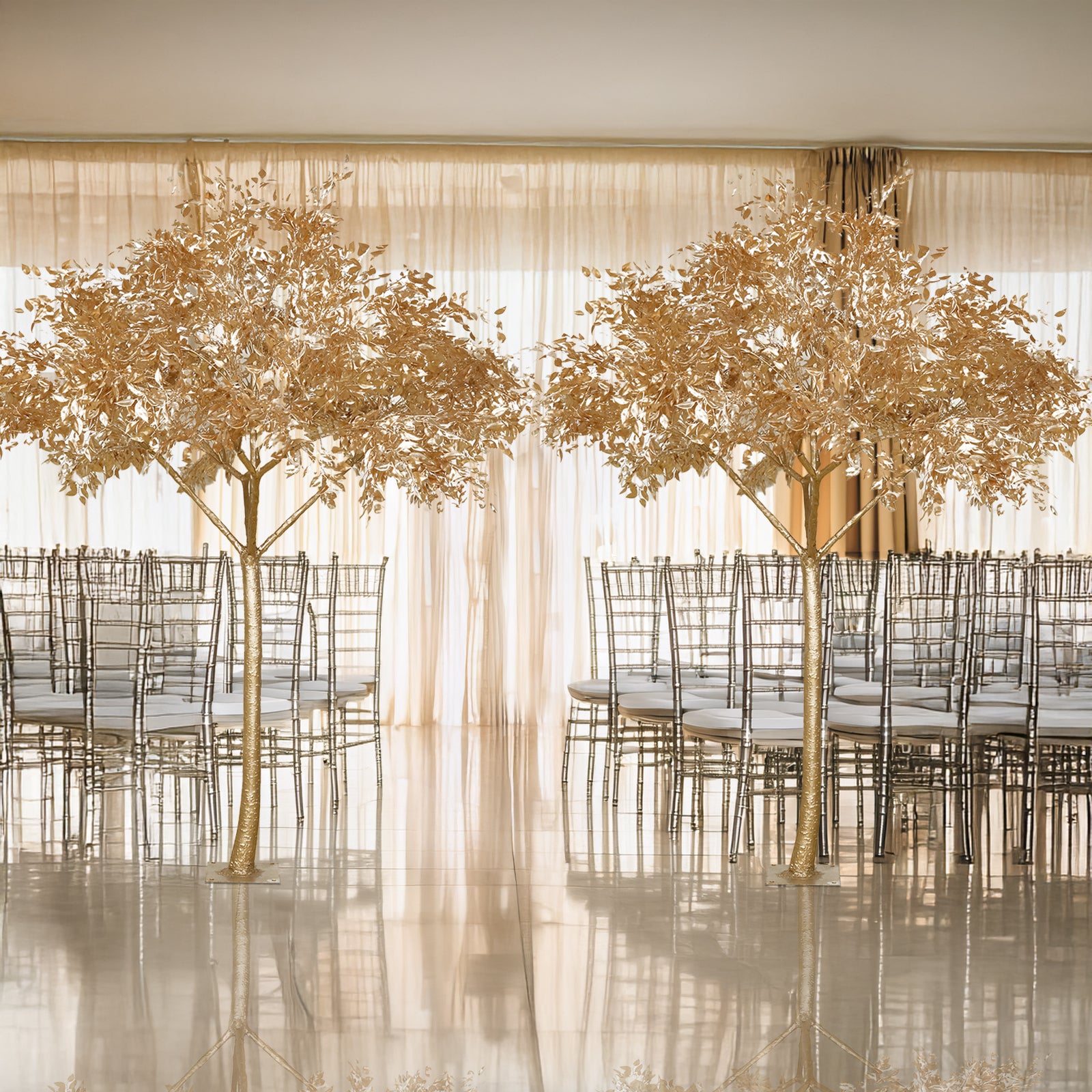 7ft golden faux leaf trees with natural-look trunks for event décor.