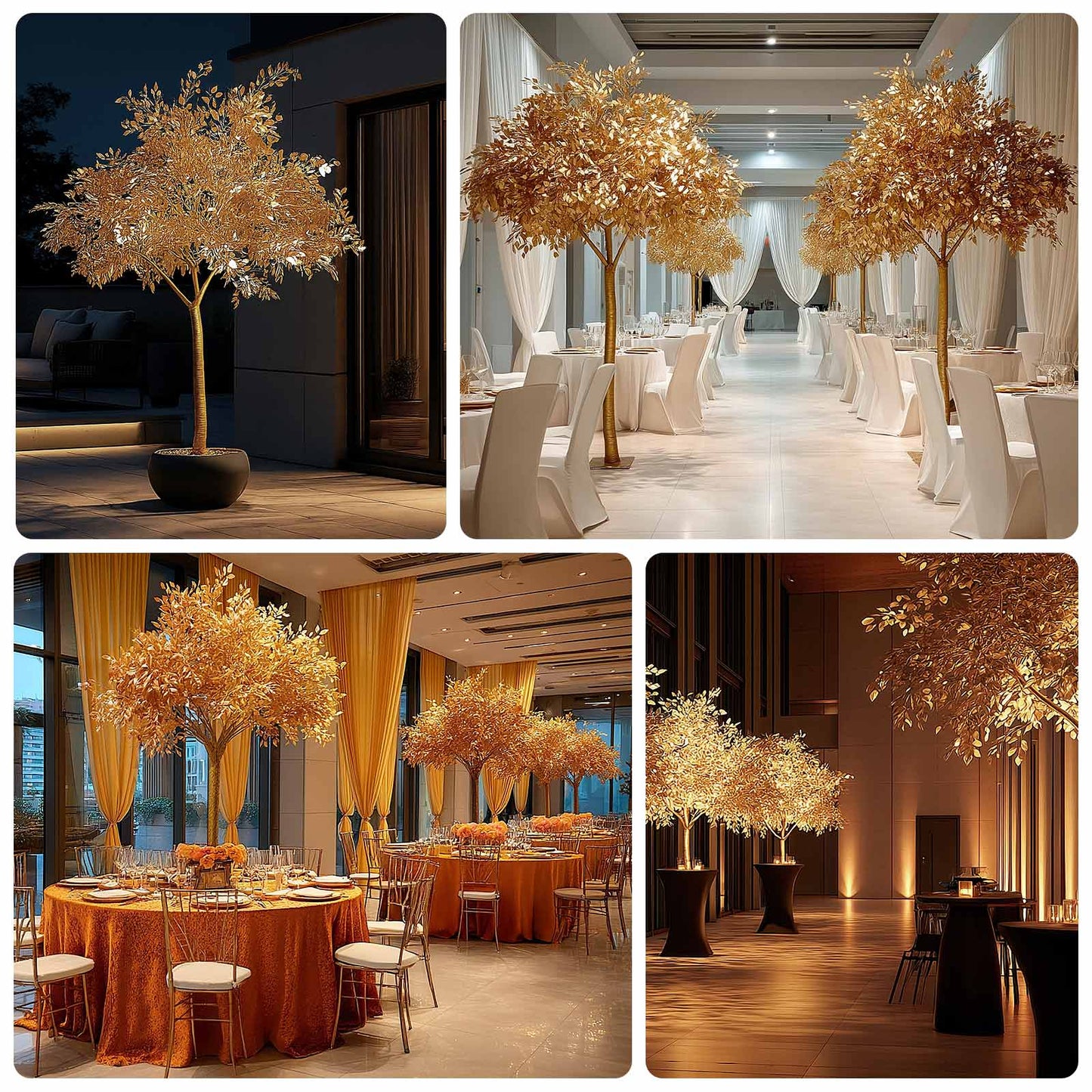 7ft golden faux leaf trees with natural-look trunks for elegant venue décor.