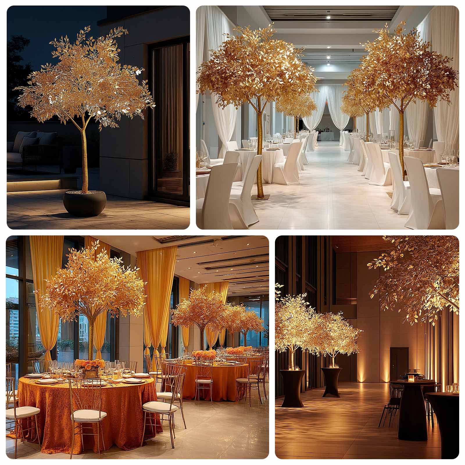 5ft golden faux leaf trees with natural-look trunks for event décor.