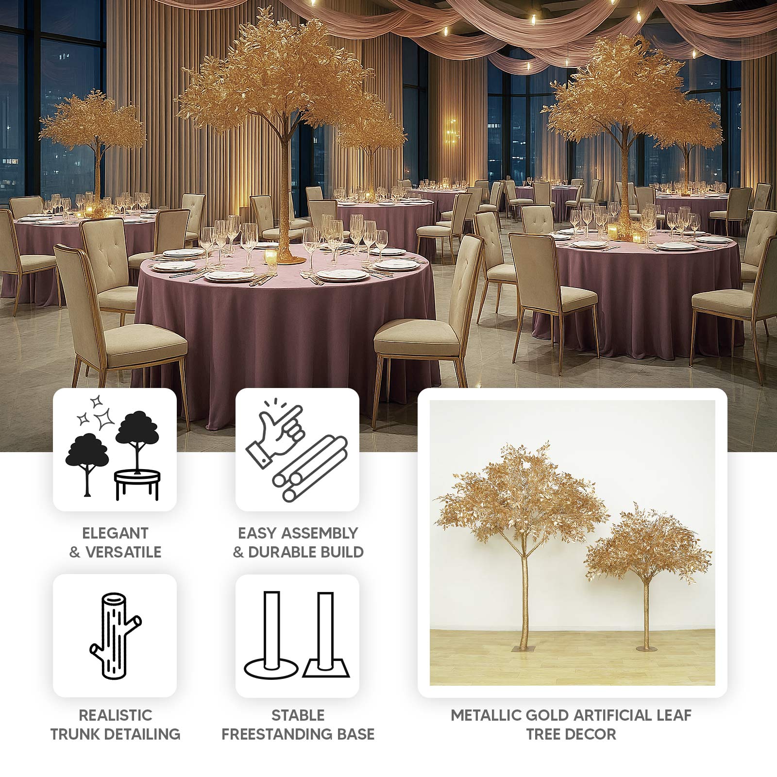 7ft golden faux leaf tree with natural-look trunk for elegant event décor.