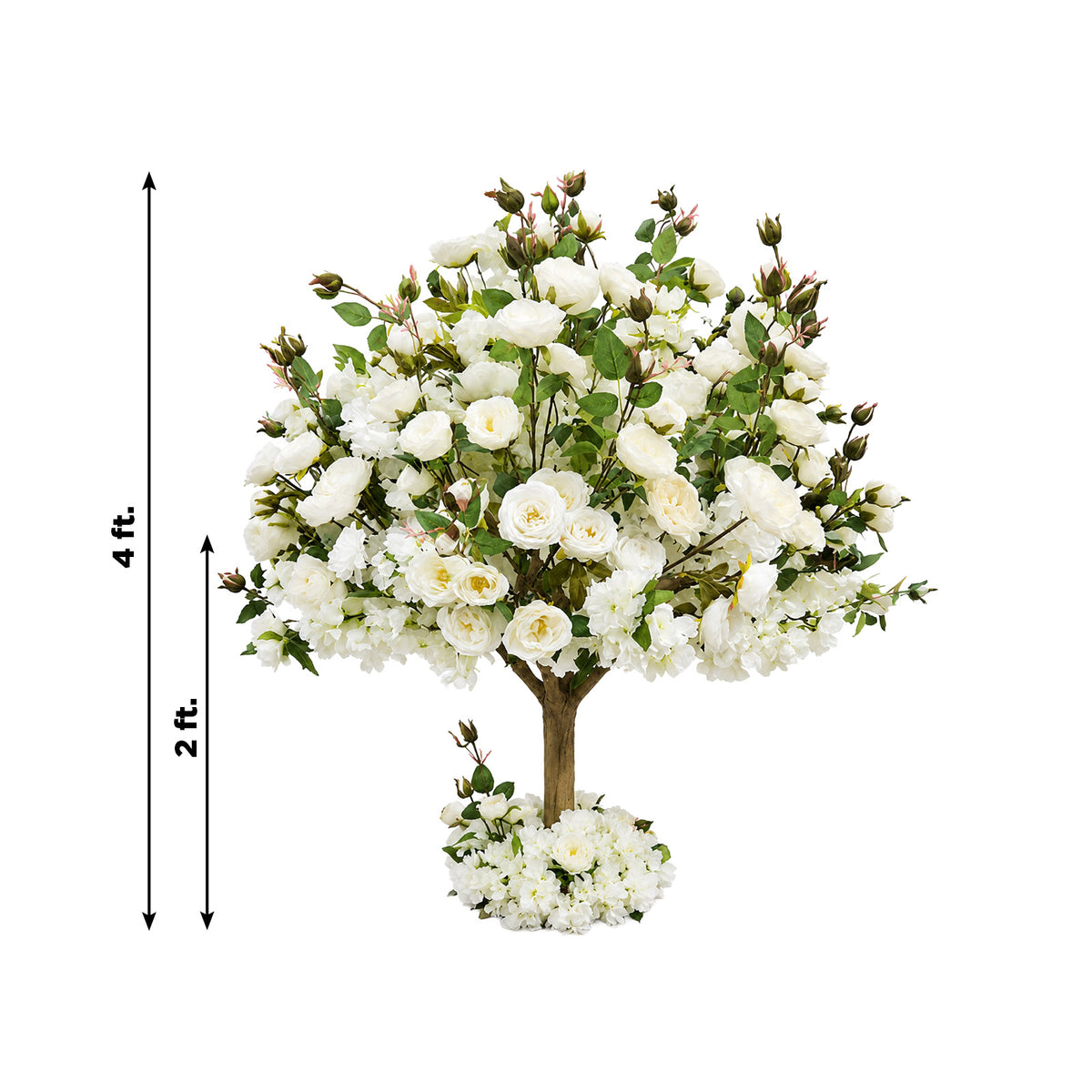 Artificial Rose & Hydrangea Silk Flower Tree, 4ft Tall, White with Fiberglass Trunk - Wedding & Even