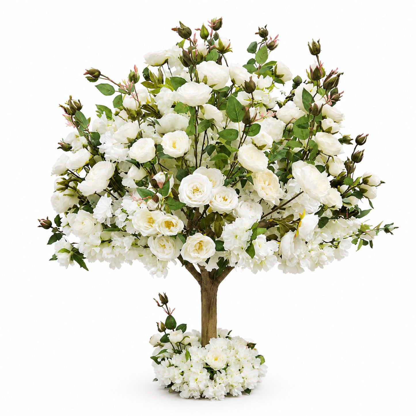 Artificial Rose & Hydrangea Silk Flower Tree, 4ft Tall, White with Fiberglass Trunk - Wedding & Even