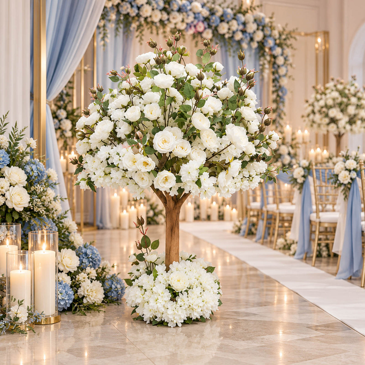 Artificial Rose & Hydrangea Silk Flower Tree, 4ft Tall, White with Fiberglass Trunk - Wedding & Even