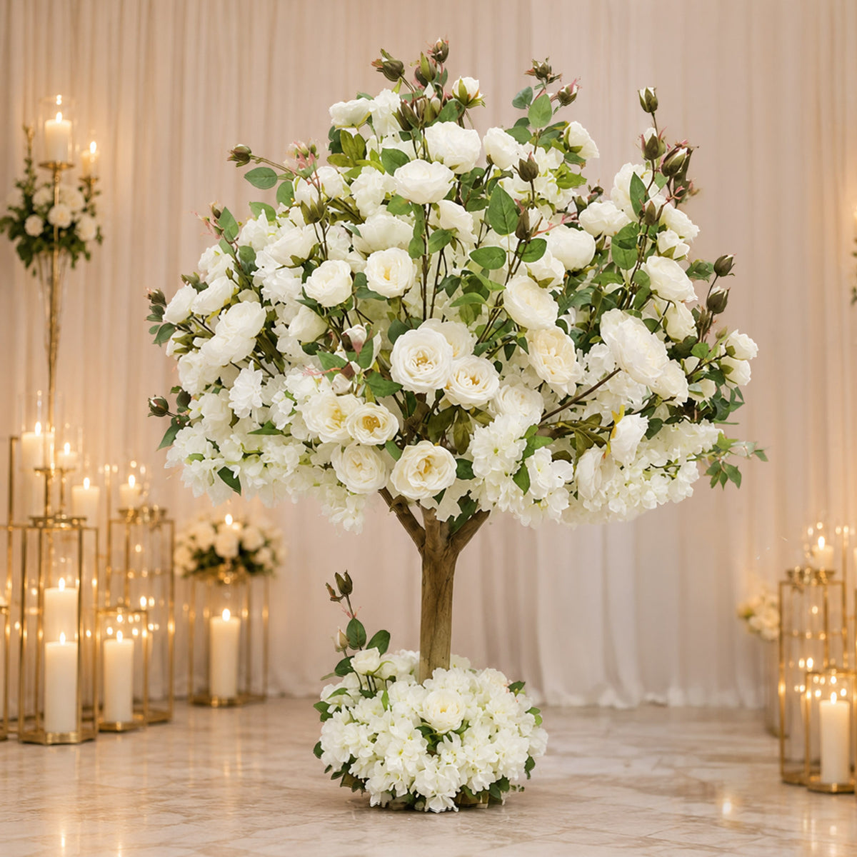 Artificial Rose & Hydrangea Silk Flower Tree, 4ft Tall, White with Fiberglass Trunk - Wedding & Even