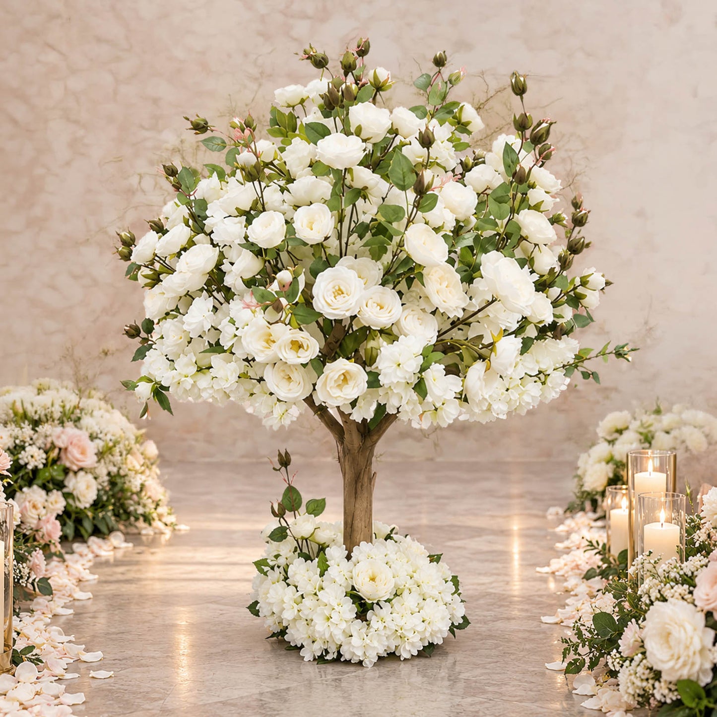 Artificial Rose & Hydrangea Silk Flower Tree, 4ft Tall, White with Fiberglass Trunk - Wedding & Even