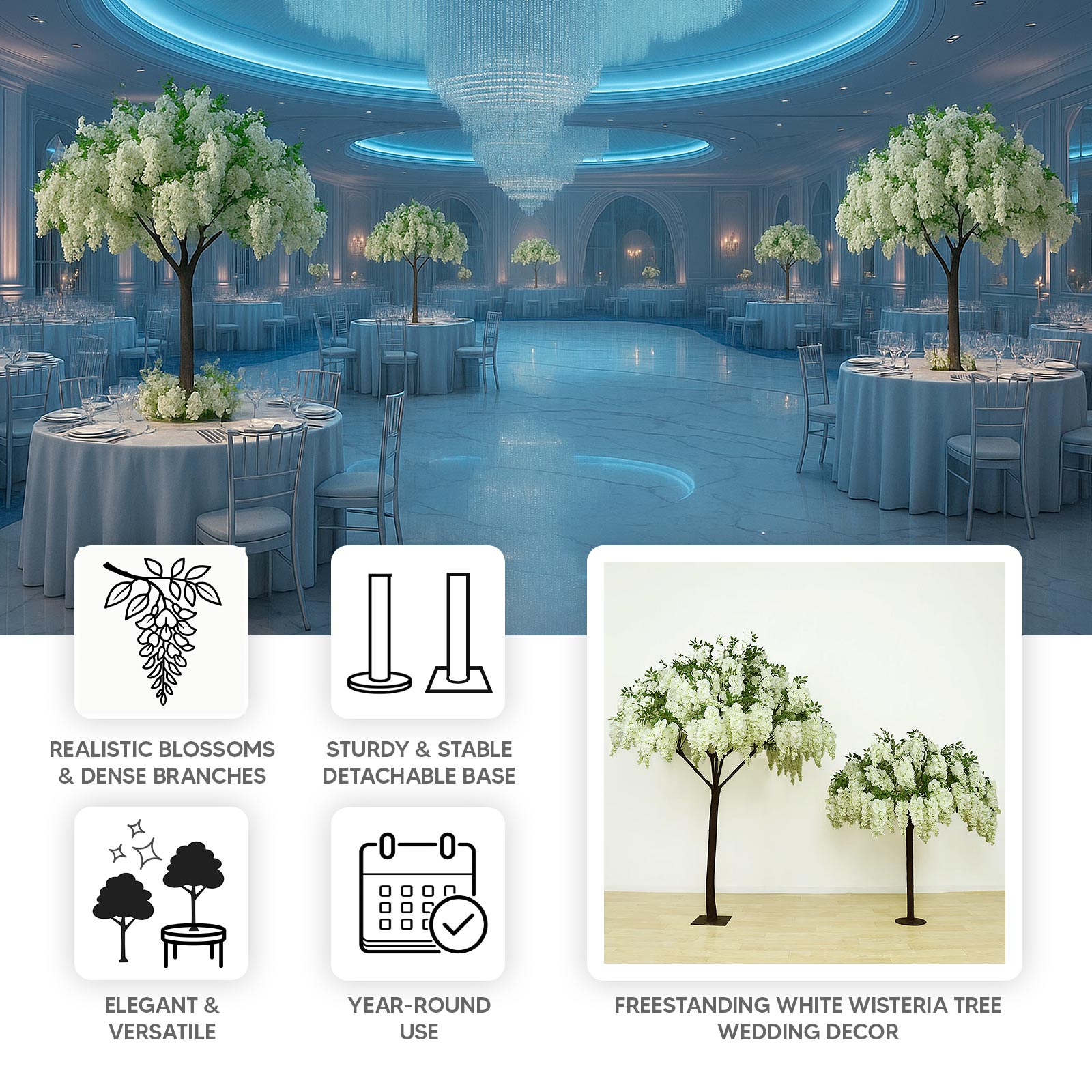 7ft Freestanding White Wisteria Artificial Tree – Cascading Silk Flower Display