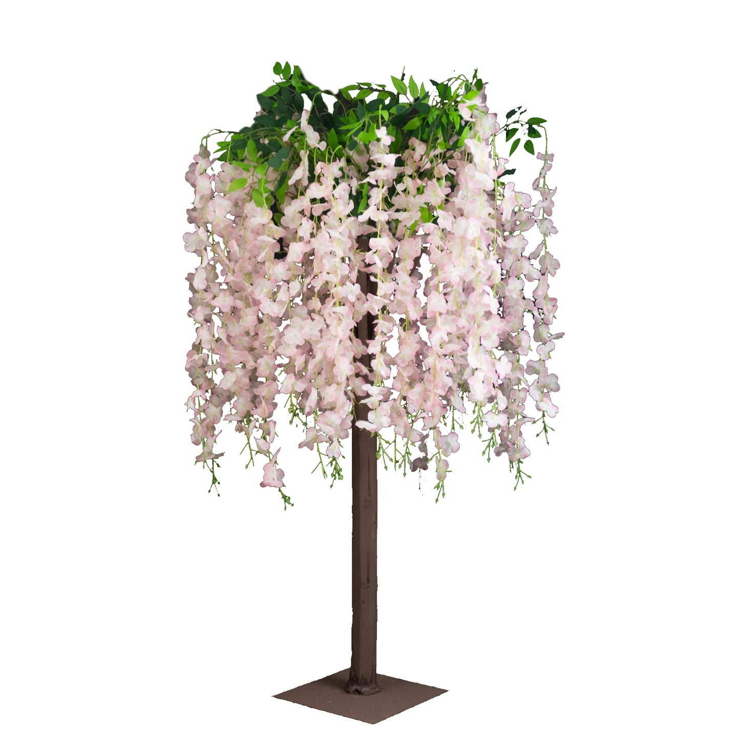 Blush artificial wisteria tree with cascading silk flowers and natural trunk.