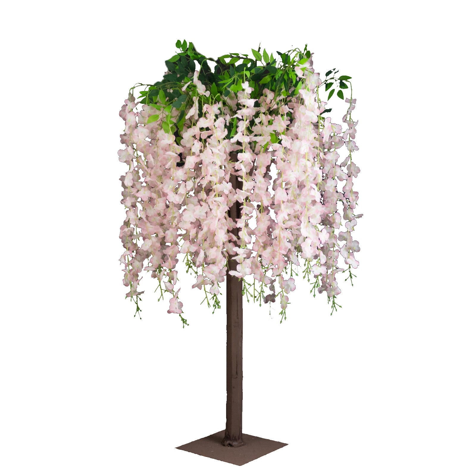 Blush artificial wisteria tree with cascading silk flowers and natural trunk.