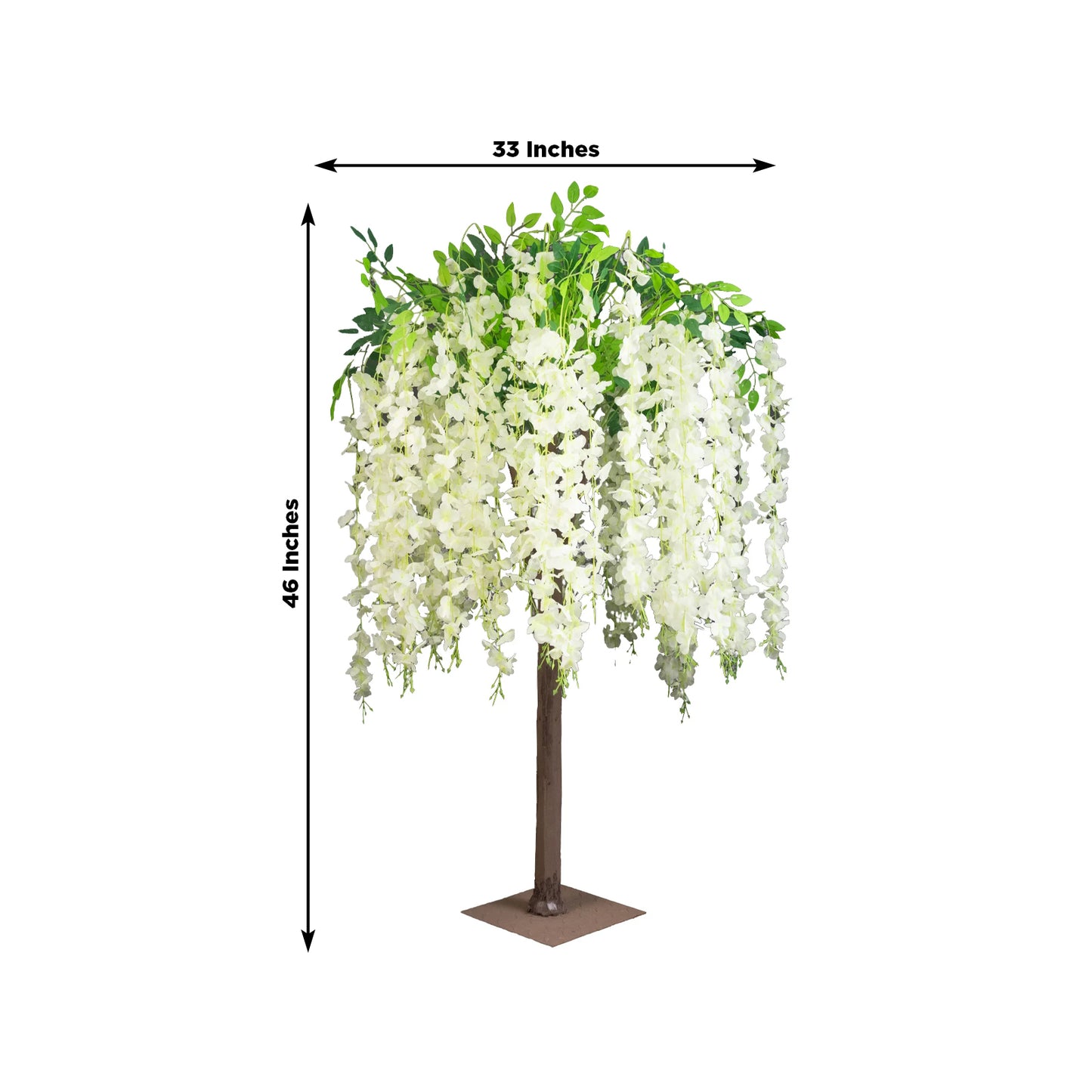 Cream artificial wisteria tree with cascading silk flowers and natural trunk.
