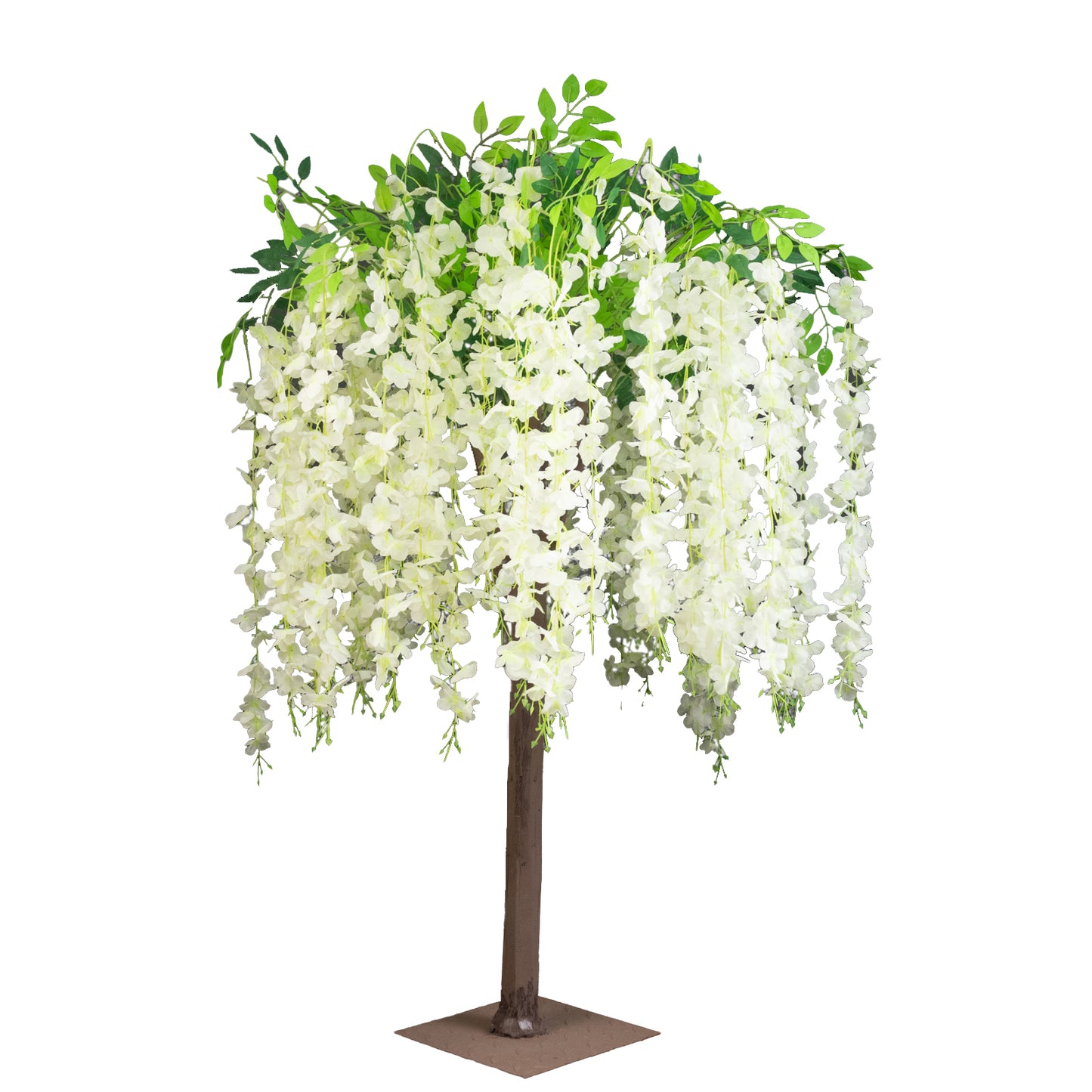 Cream artificial wisteria tree with cascading silk flowers and natural trunk.