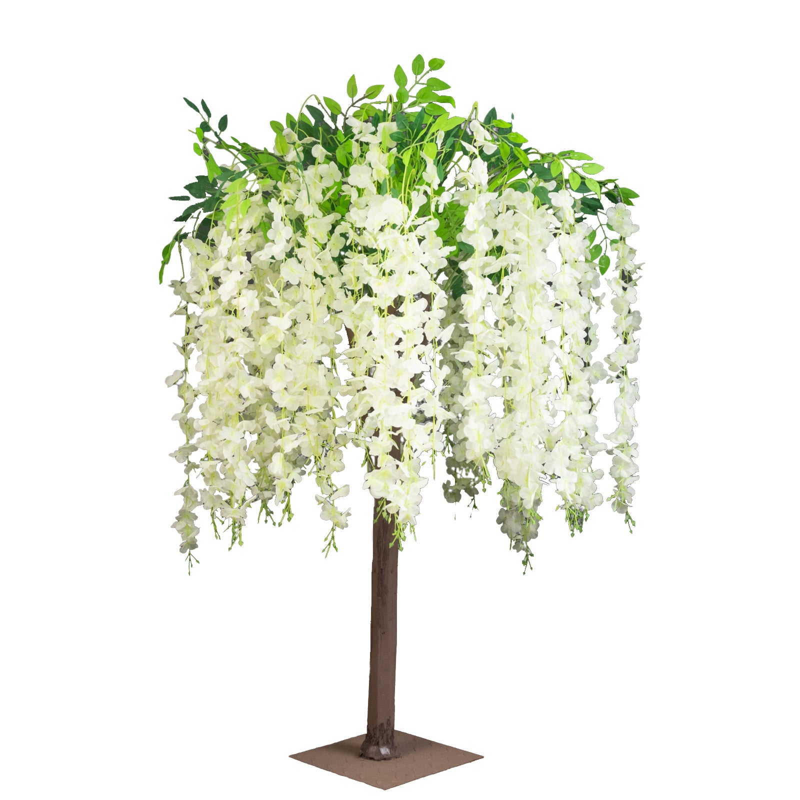 Cream artificial wisteria tree with cascading silk flowers and natural trunk.