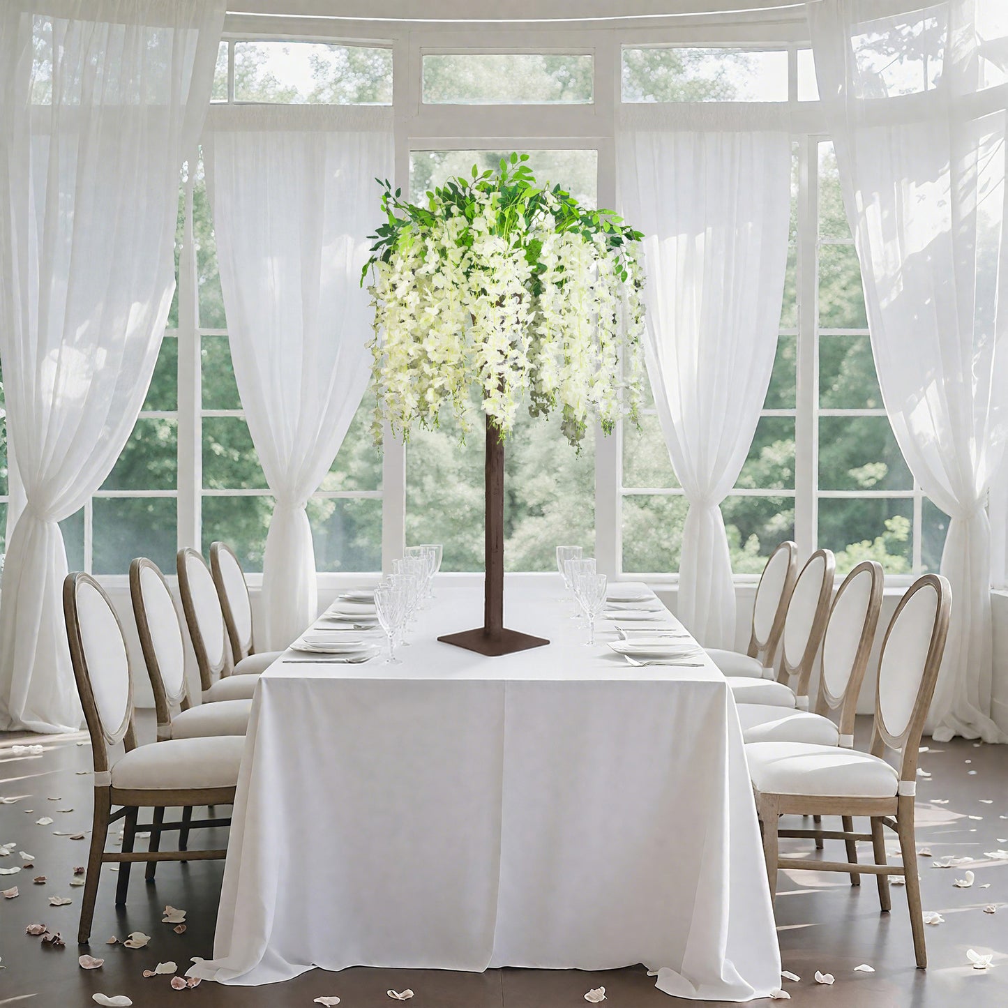 Cream artificial wisteria tree centerpiece for weddings and events.