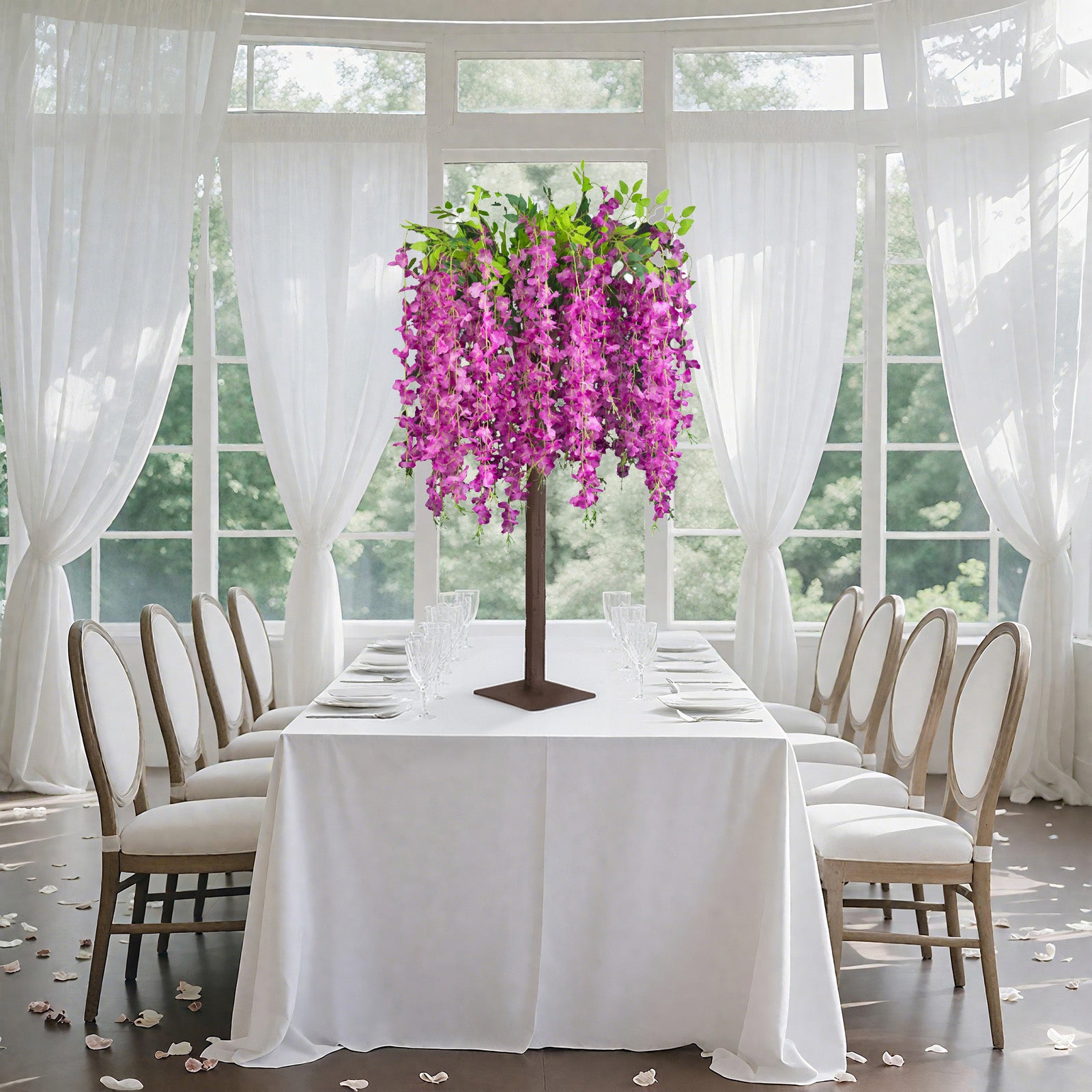 Lavender lilac artificial wisteria tree centerpiece for events.