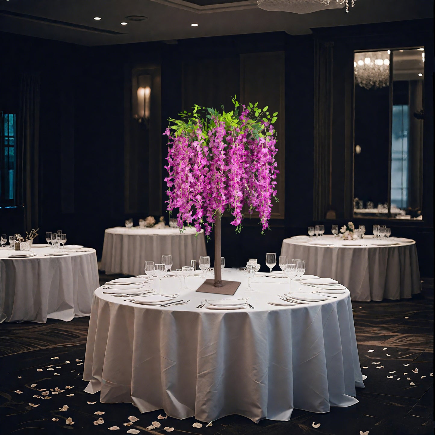 Lavender artificial wisteria tree centerpiece for elegant events.