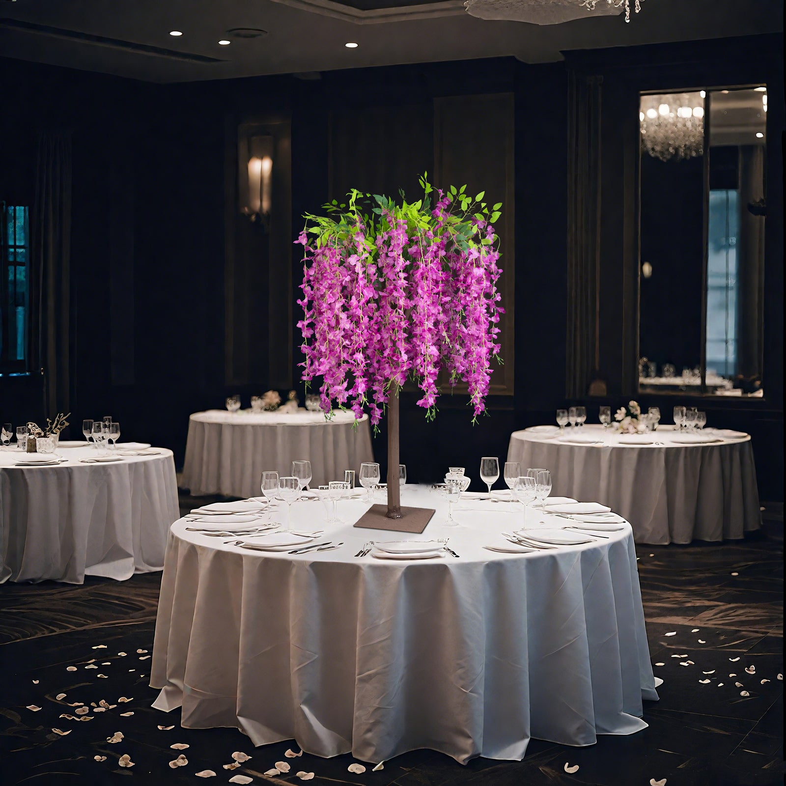 Lavender artificial wisteria tree centerpiece for elegant events.