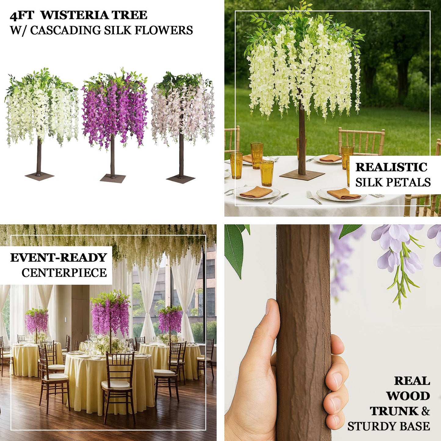 Blush artificial wisteria tree with cascading silk flowers for event centerpieces.