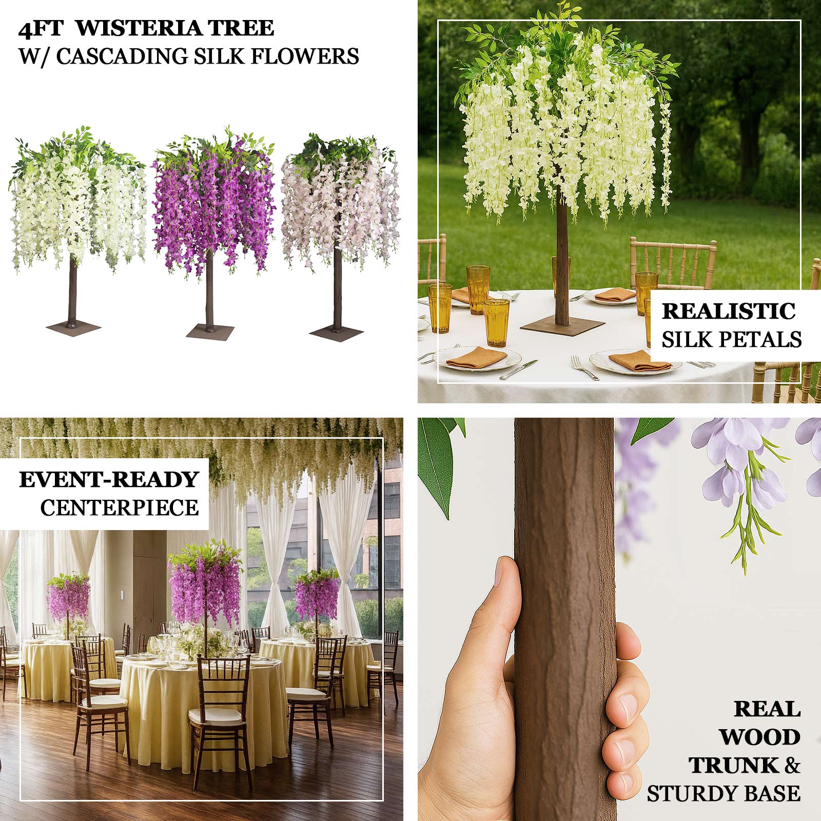 Blush artificial wisteria tree with cascading silk flowers for event centerpieces.