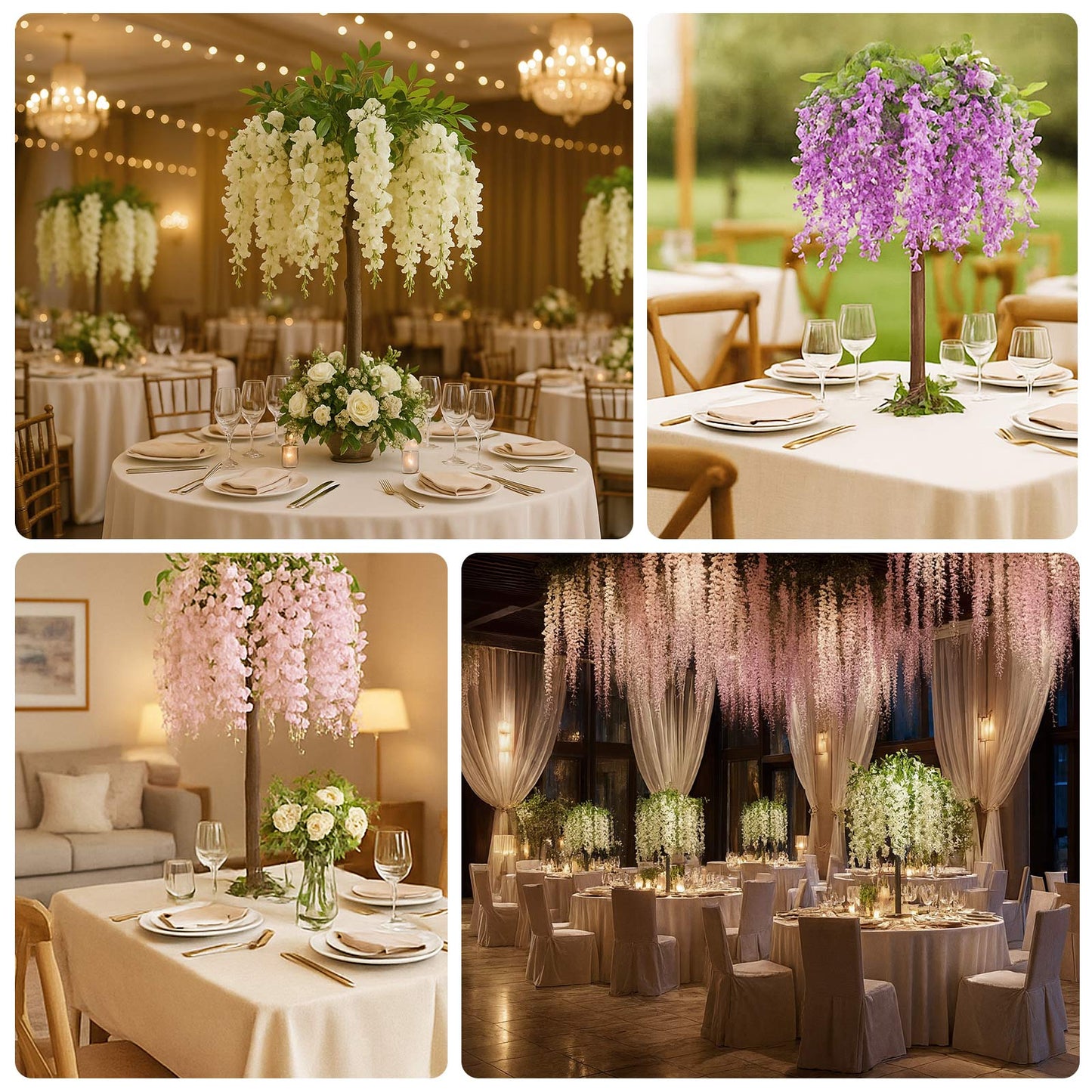 Blush wisteria tree centerpiece for weddings and events, featuring cascading silk flowers.