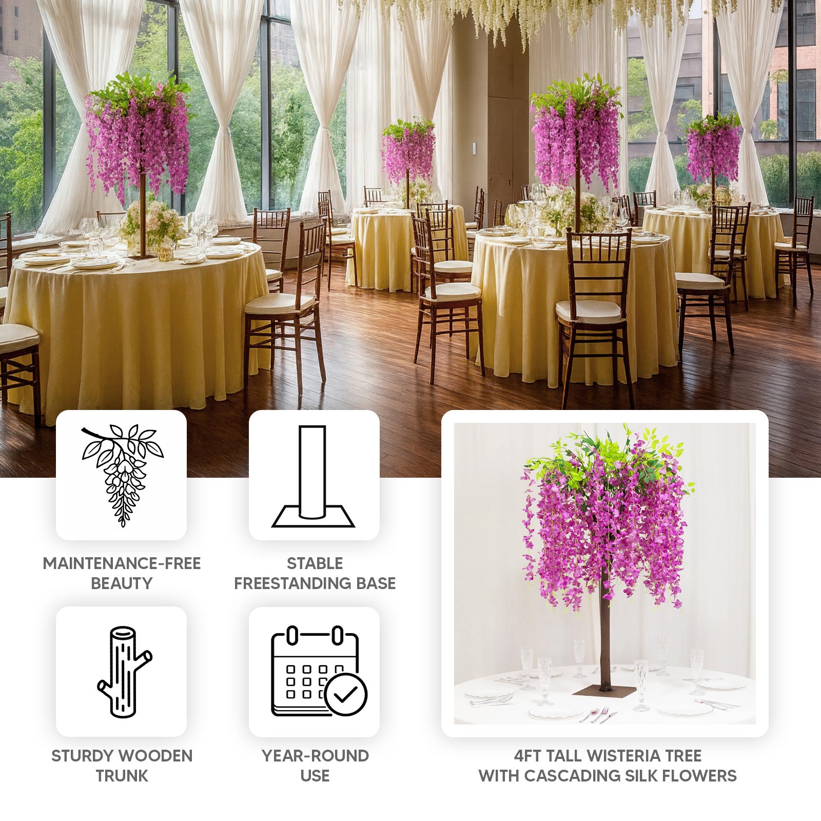 Lavender wisteria tree centerpiece for elegant wedding decor.