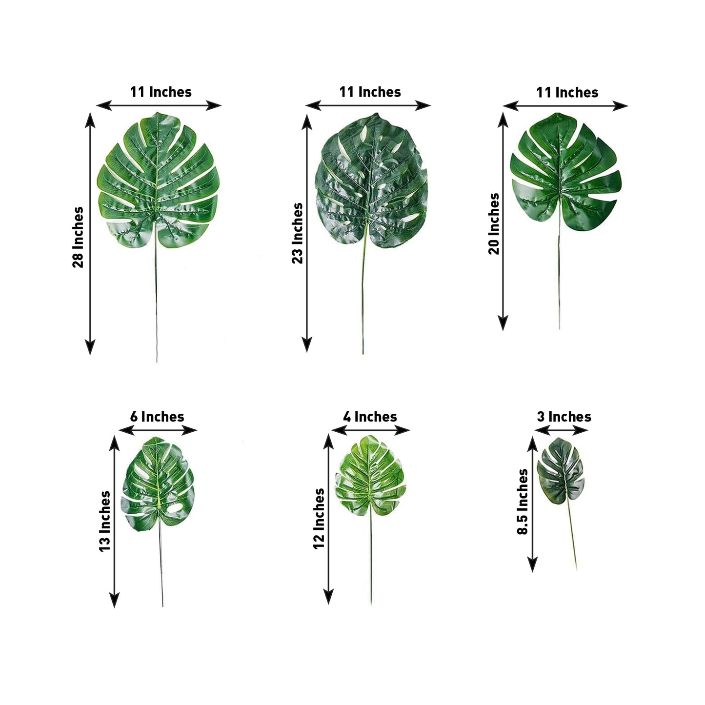 Assorted green artificial silk tropical monstera leaf plants, 6 stems.