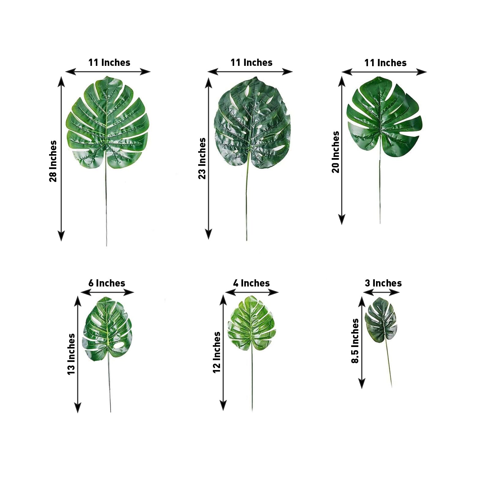 Assorted green artificial silk tropical monstera leaf plants, 6 stems.