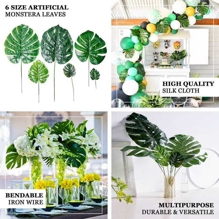 Assorted green artificial silk tropical monstera leaves arrangement.