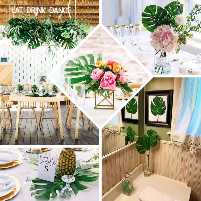 Assorted green artificial silk tropical monstera leaf plants in various decor settings.