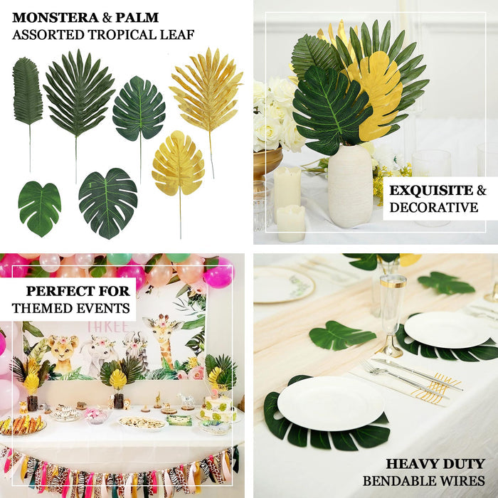 Green and gold artificial palm leaves for tropical decor.