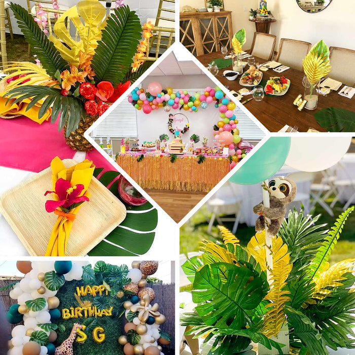 Green and gold artificial palm leaves for jungle-themed decor.
