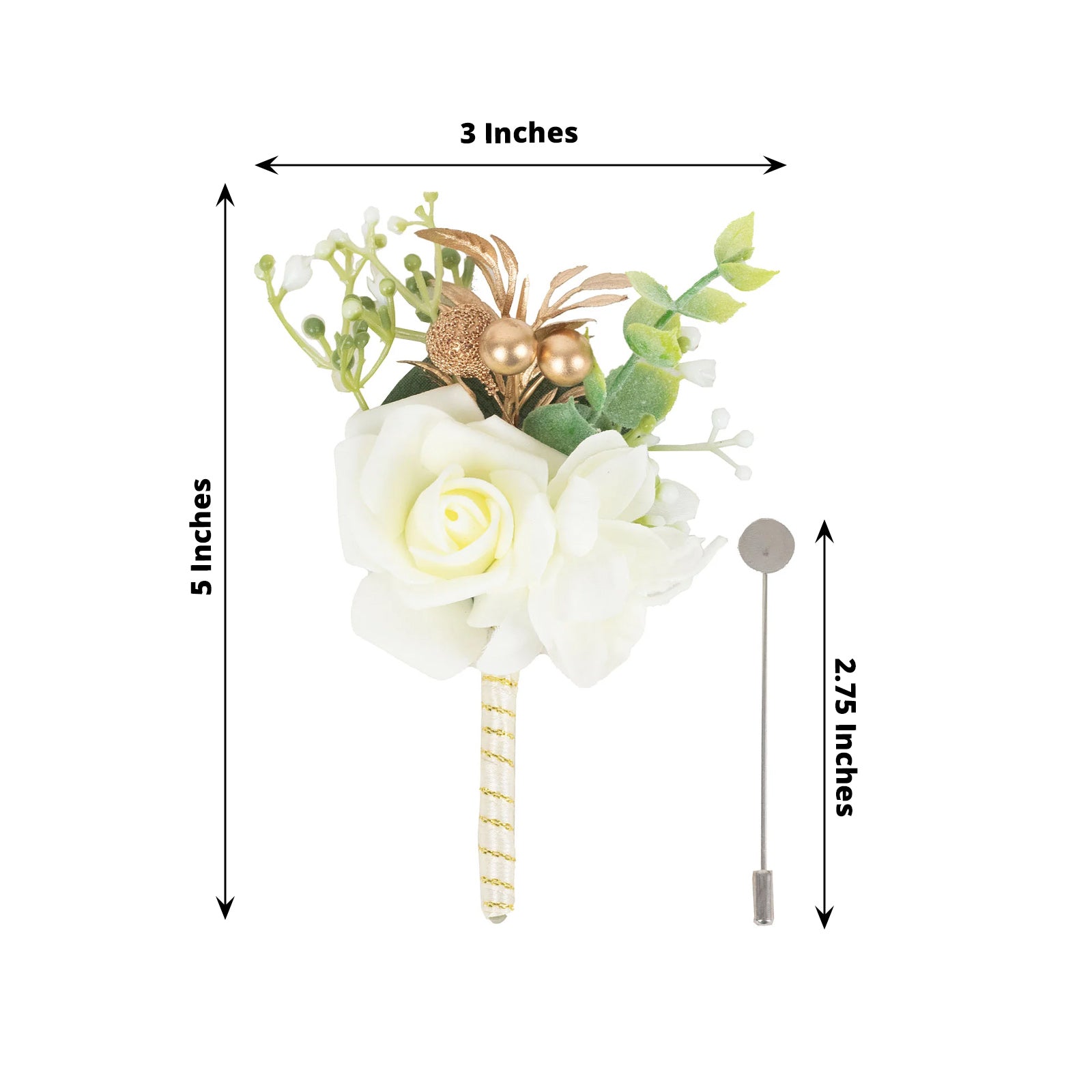 White artificial rose boutonniere with pin, 5 inches, perfect for formal occasions.