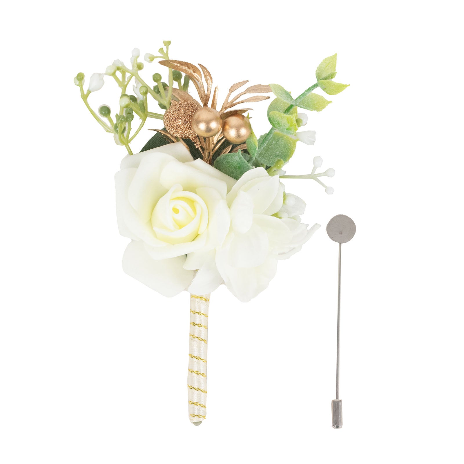 White artificial rose boutonniere with pin, 5" silk flower arrangement.