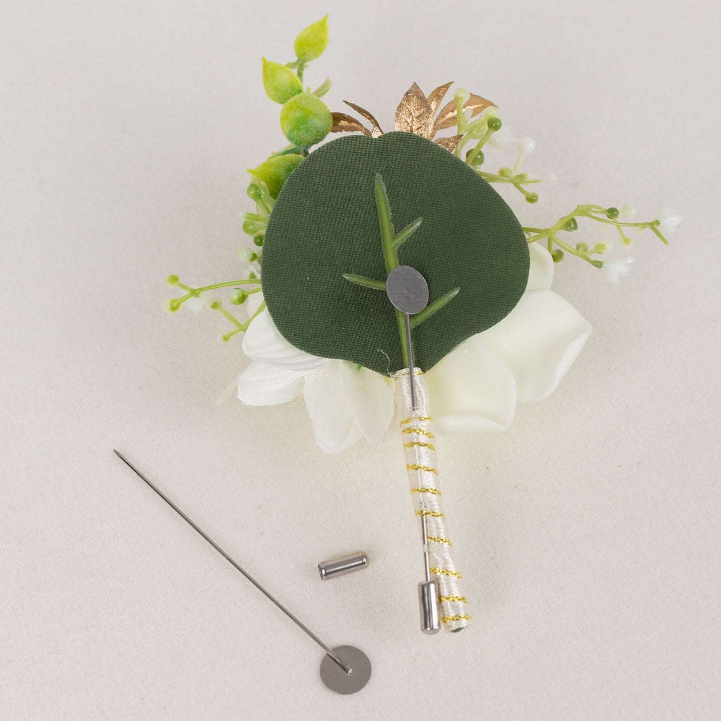 White artificial rose boutonniere with pin, floral accents, 5 inches.