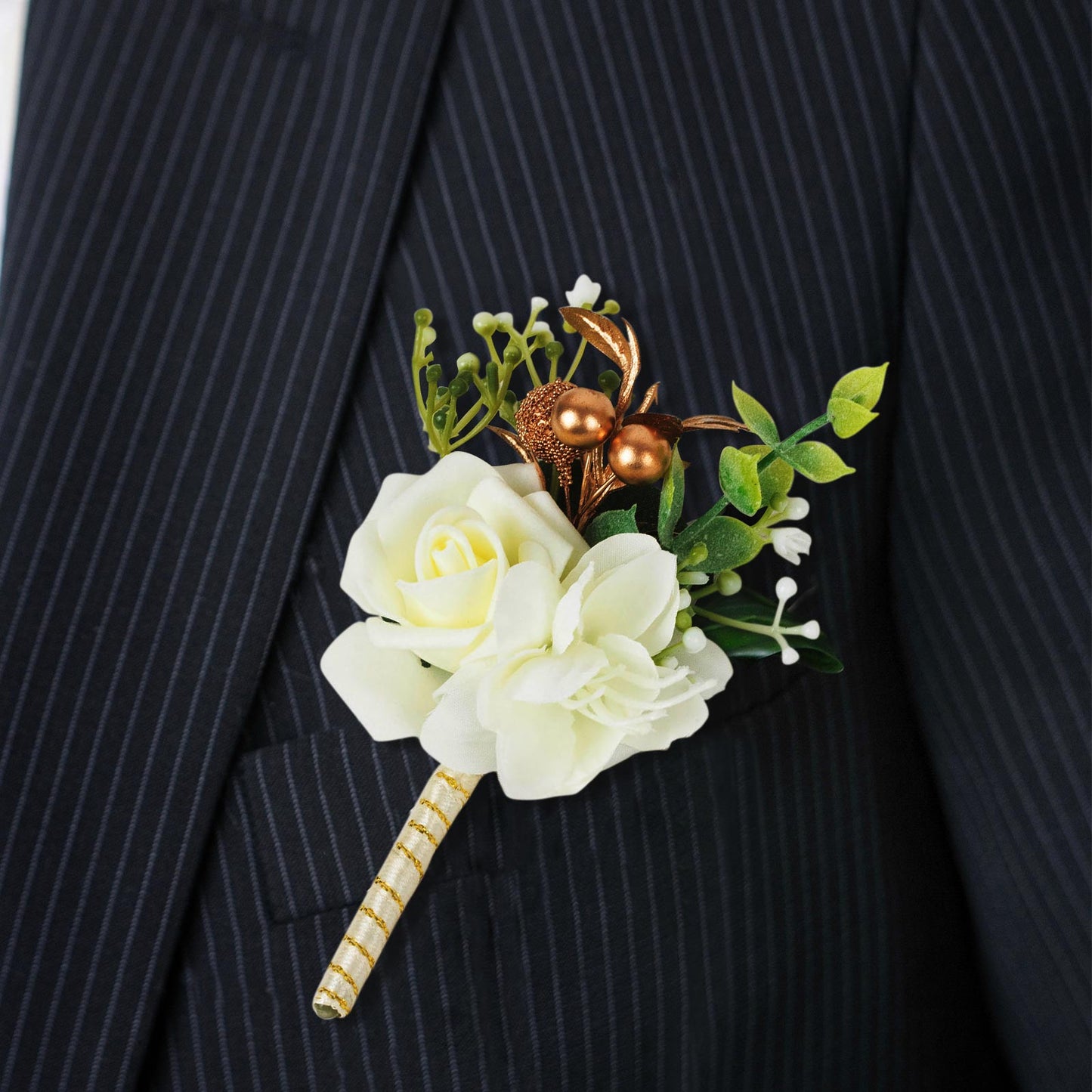 White artificial rose boutonniere with pin for formal occasions.