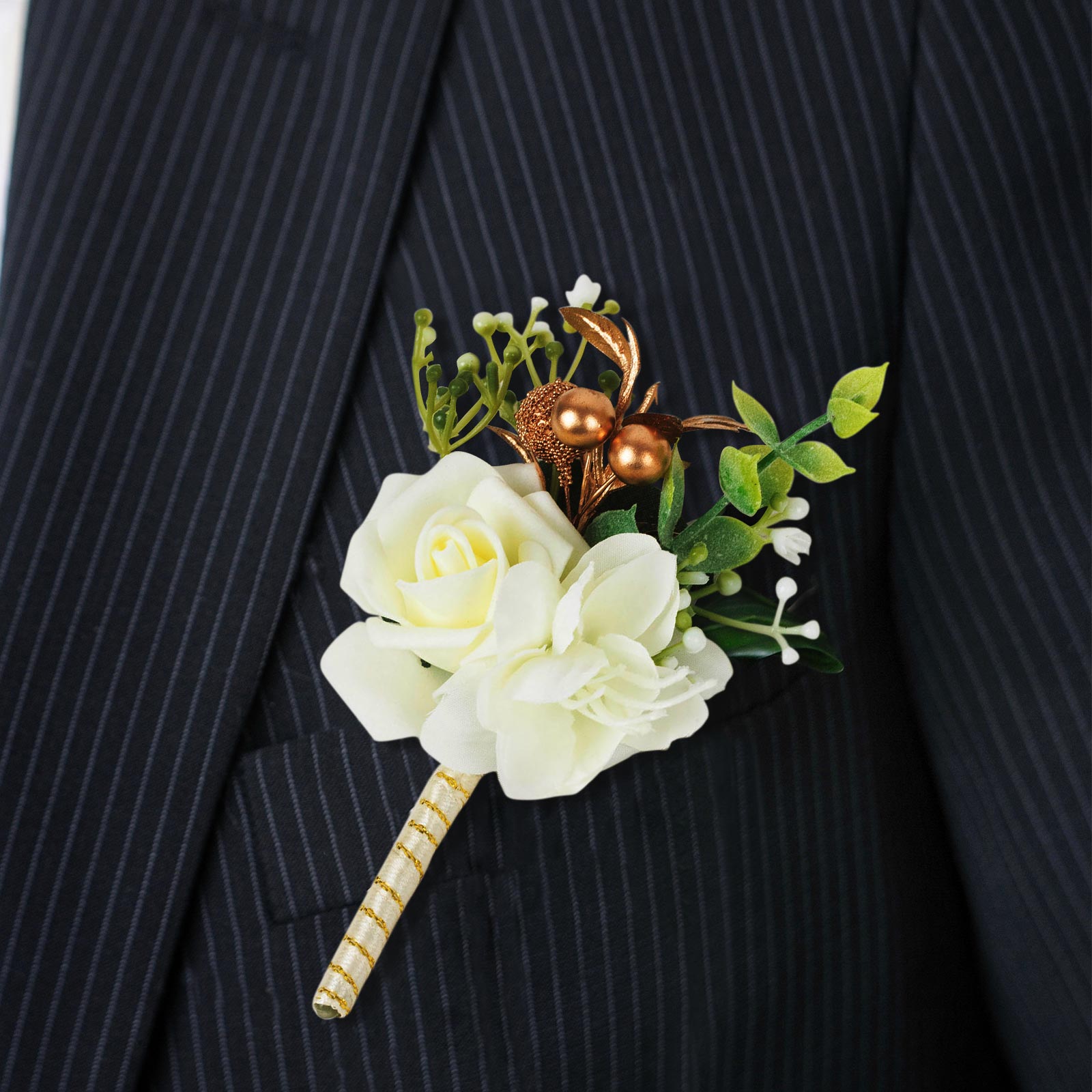 White artificial rose boutonniere with pin for formal occasions.