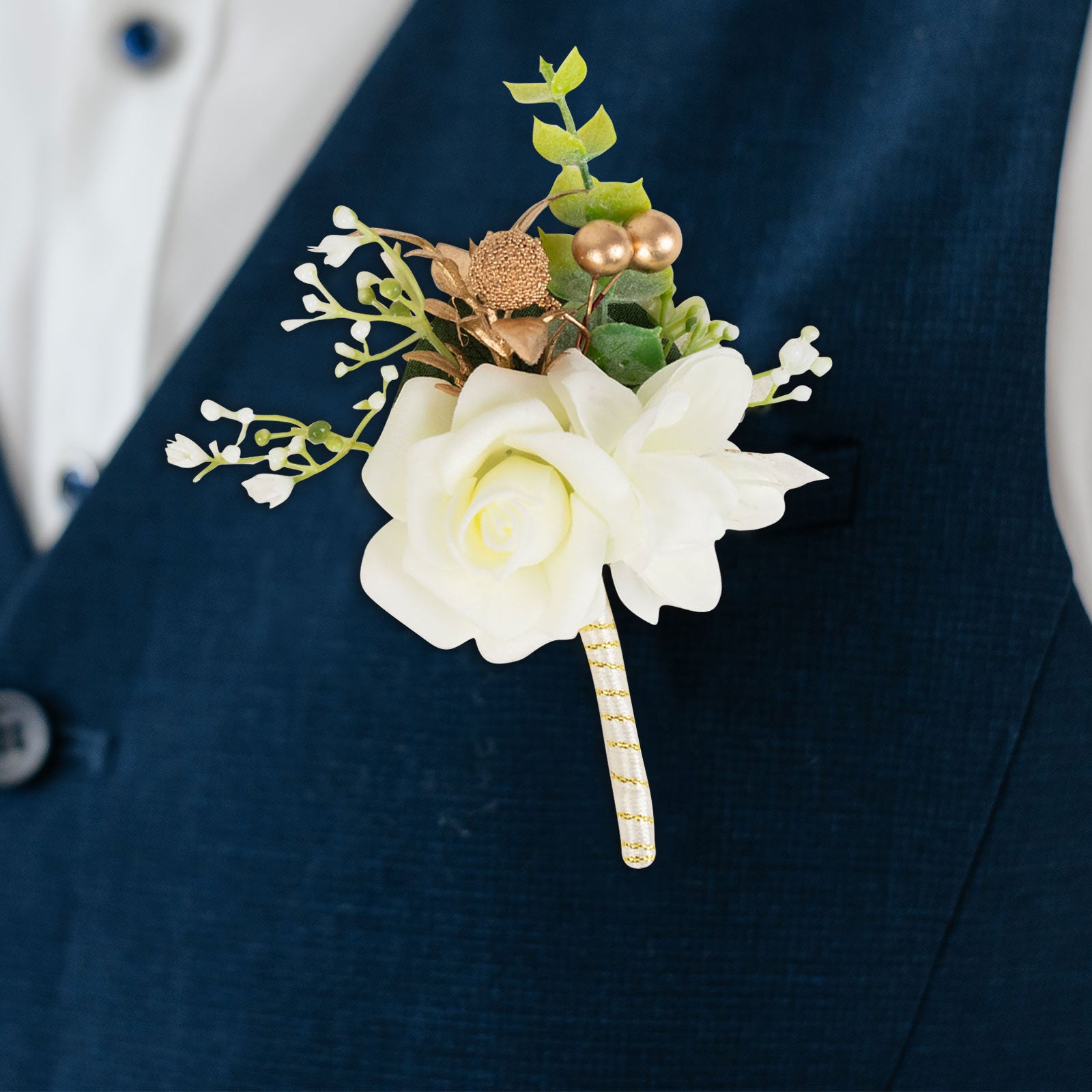 White artificial rose boutonniere with pin, perfect for formal occasions.