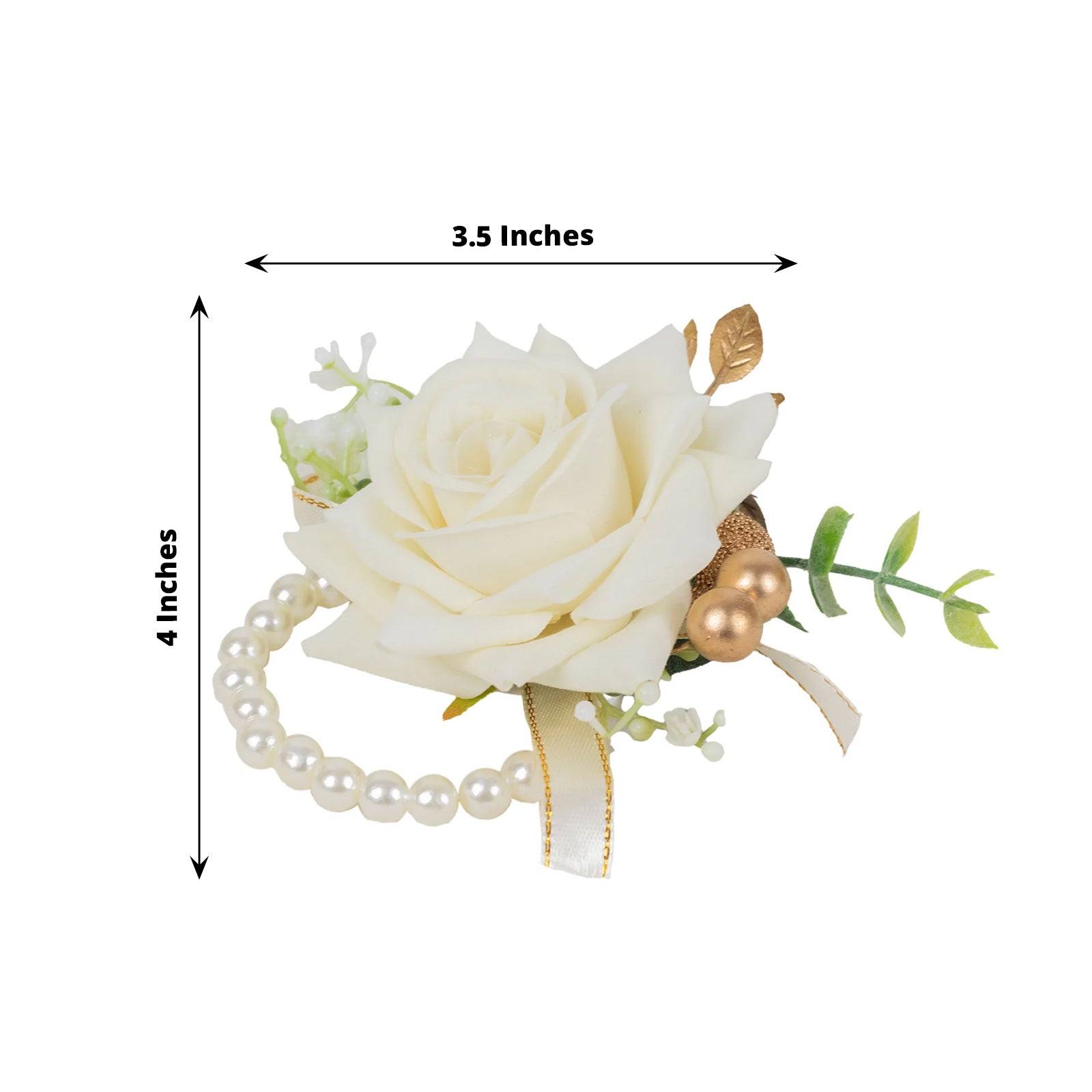 White artificial rose wrist corsage with pearls for weddings.