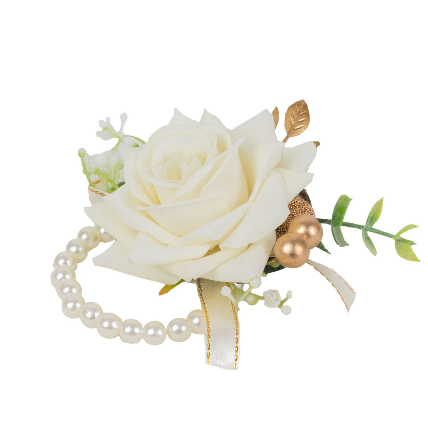 White artificial rose wrist corsage with pearls for weddings.