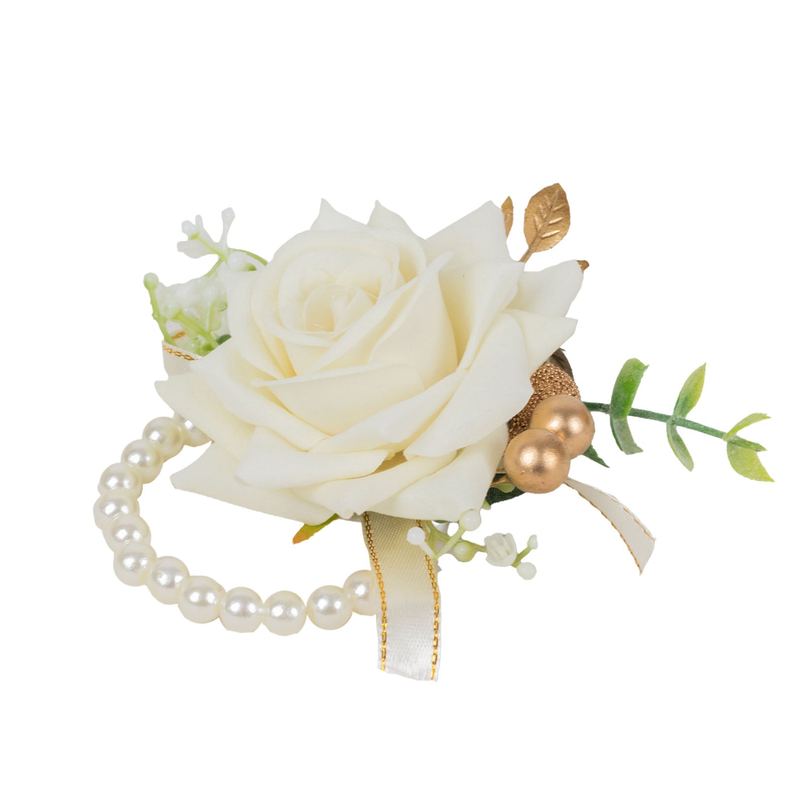 White artificial rose wrist corsage with pearls for weddings.