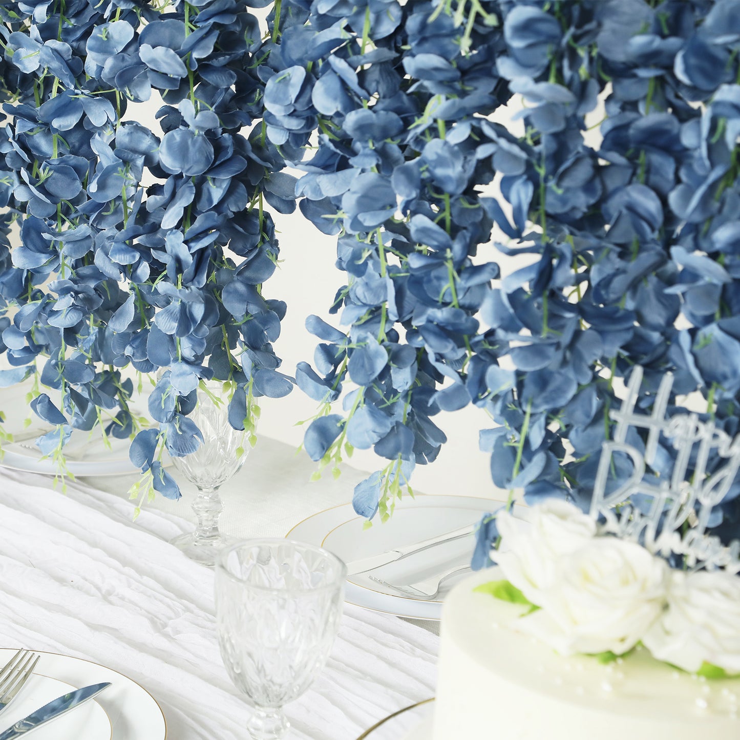 42" Silk Hanging Wisteria Flower Garland Vines in Dusty Blue, Elaborated 5 Full Strands in 1 Bush