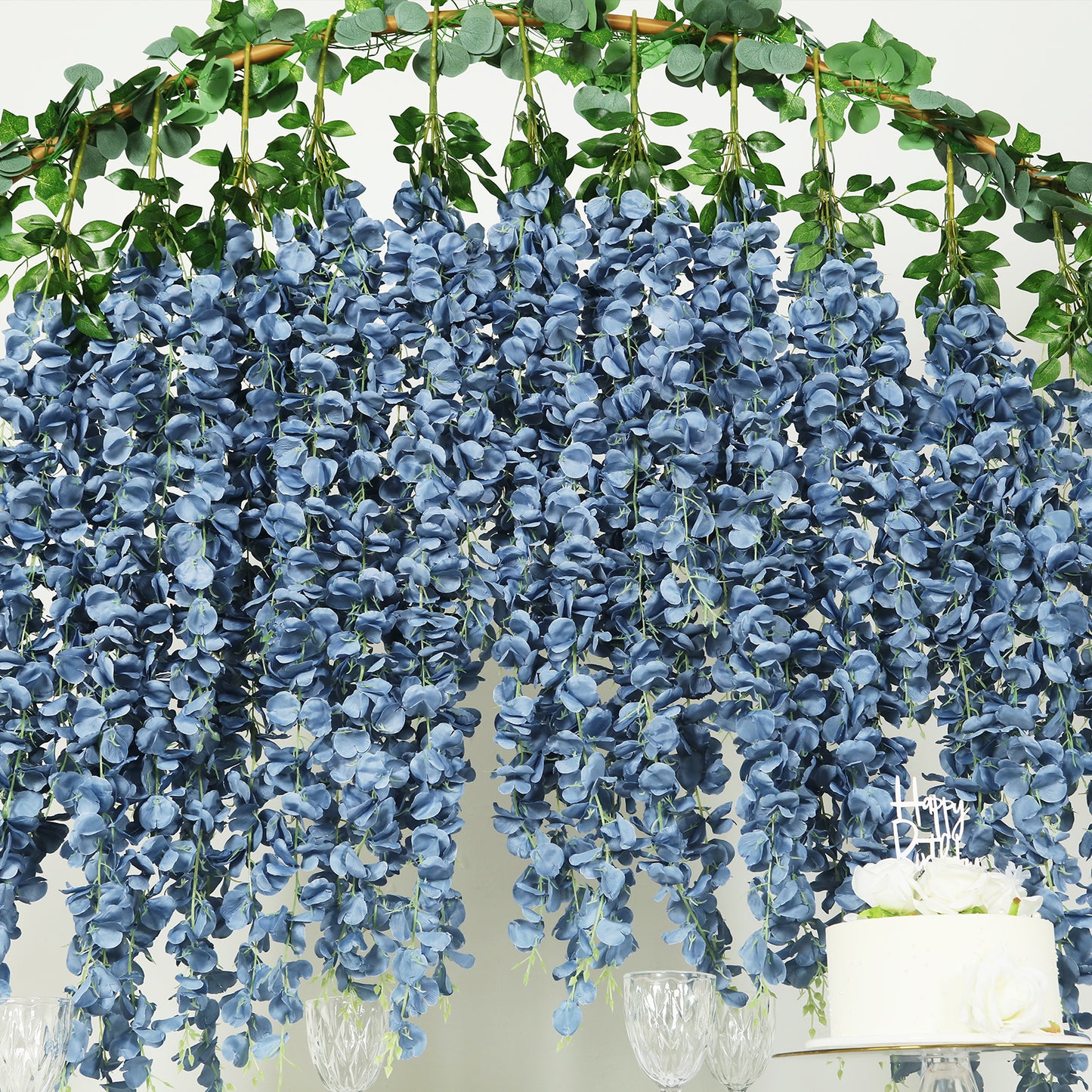 42" Silk Hanging Wisteria Flower Garland Vines in Dusty Blue, Elaborated 5 Full Strands in 1 Bush