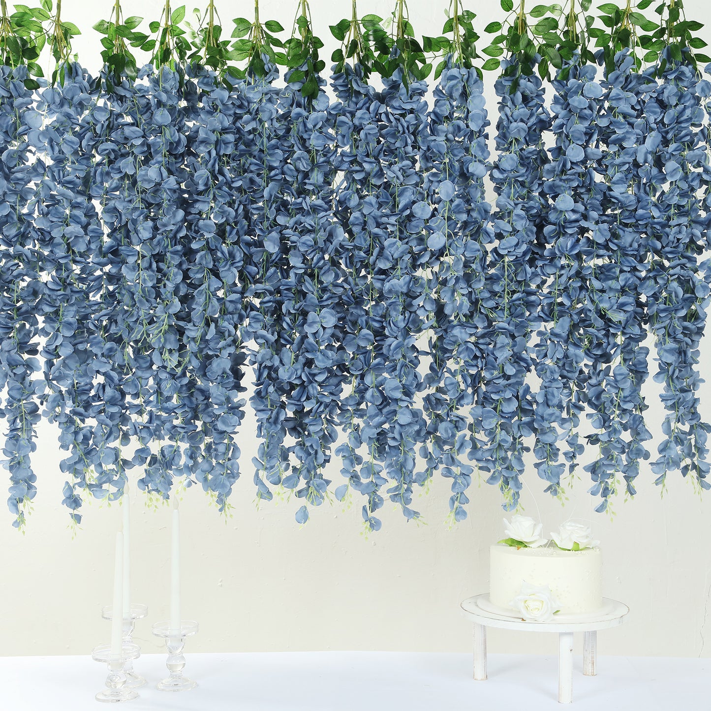42" Silk Hanging Wisteria Flower Garland Vines in Dusty Blue, Elaborated 5 Full Strands in 1 Bush