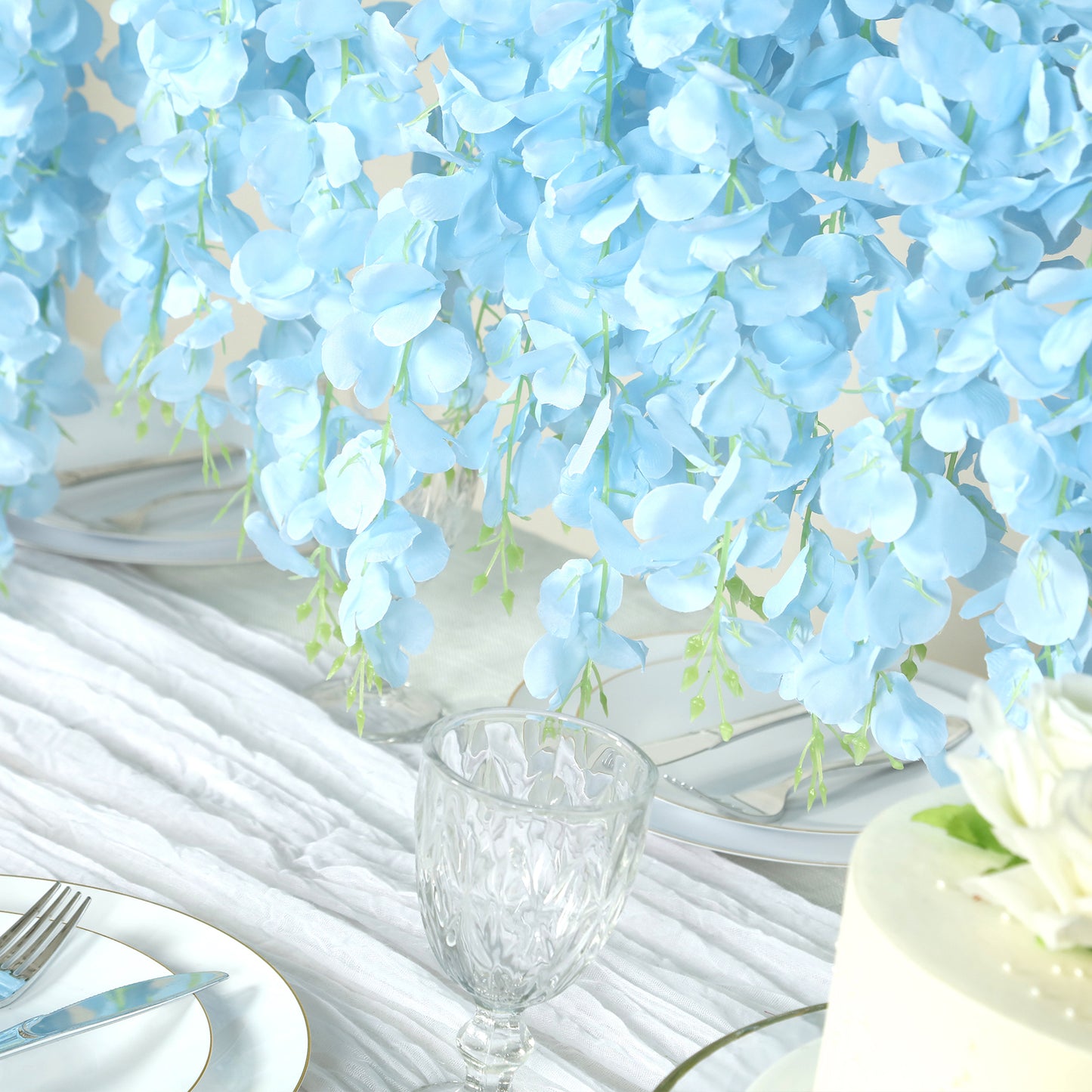 42" Silk Hanging Wisteria Flower Garland Vines in Light Blue, Elaborated 5 Full Strands in 1 Bush