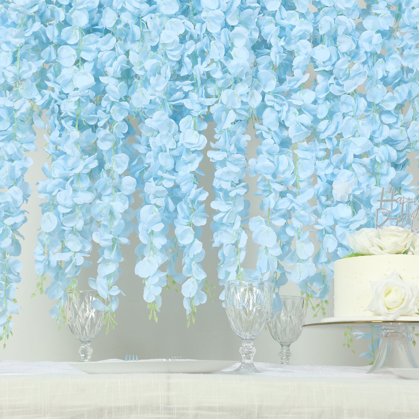 42" Silk Hanging Wisteria Flower Garland Vines in Light Blue, Elaborated 5 Full Strands in 1 Bush