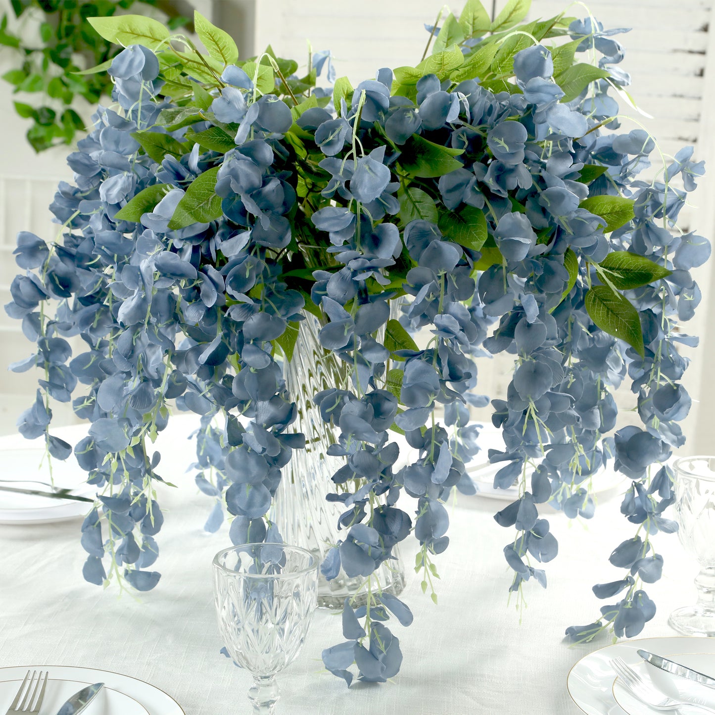 5 Pack 44" Silk Hanging Wisteria Flower Garland Vines in Dusty Blue, 3 Strands in 1 Bush