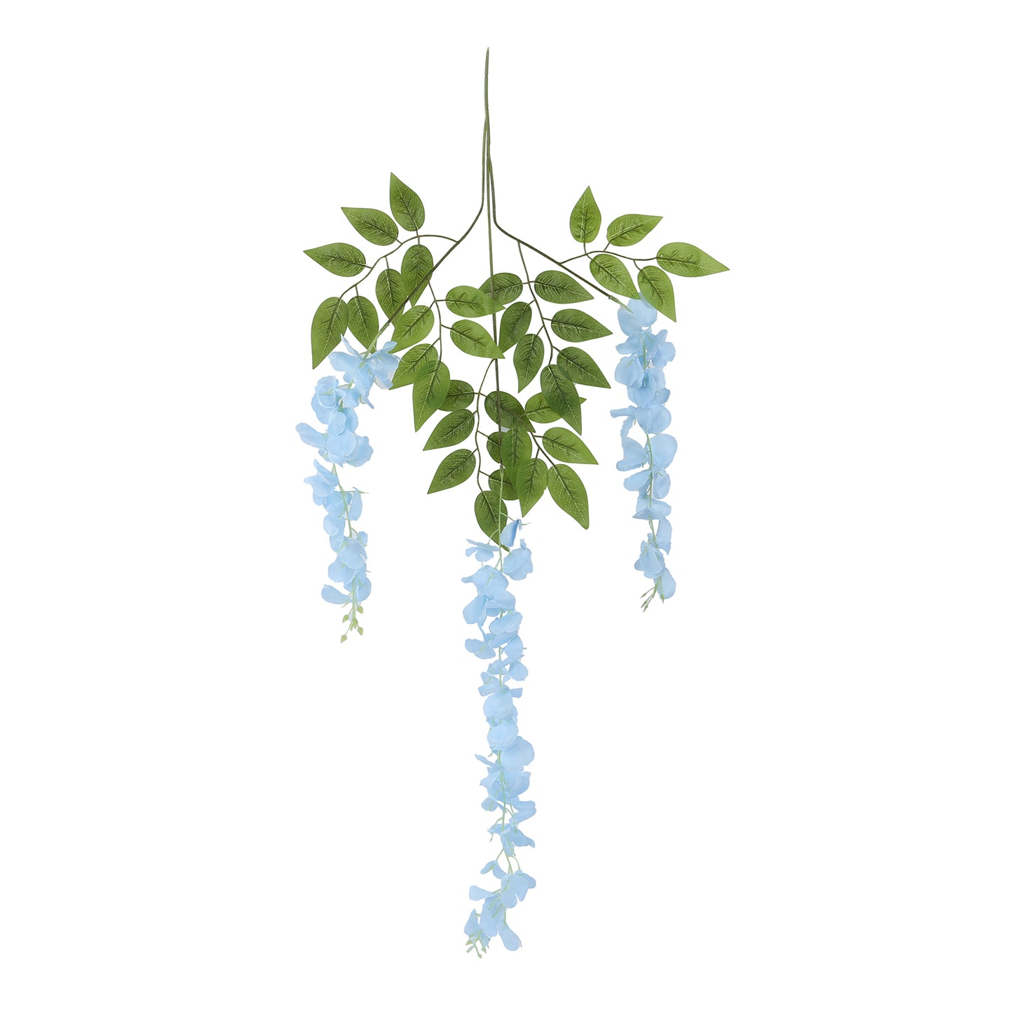 Light blue silk hanging wisteria flower garland with green leaves.