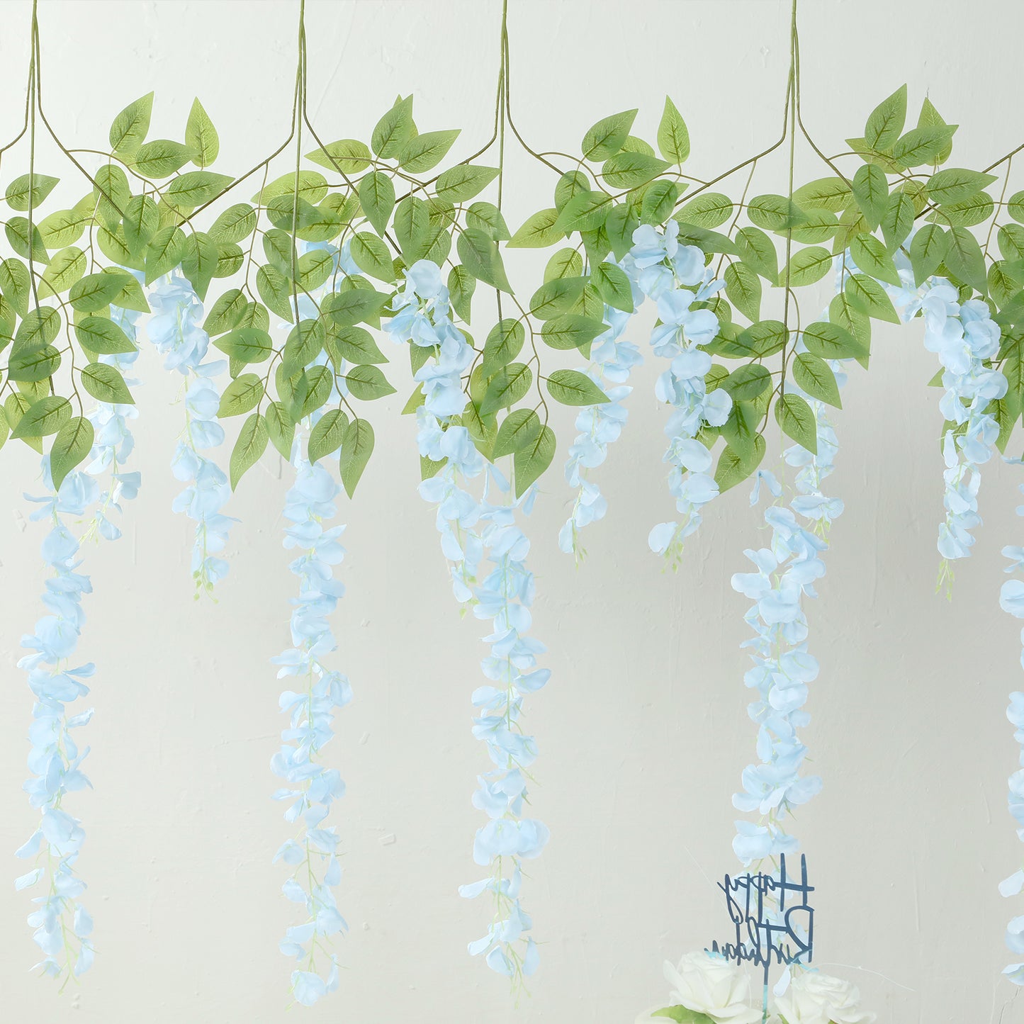 Light blue silk hanging wisteria flower garland vines, 5 pack.