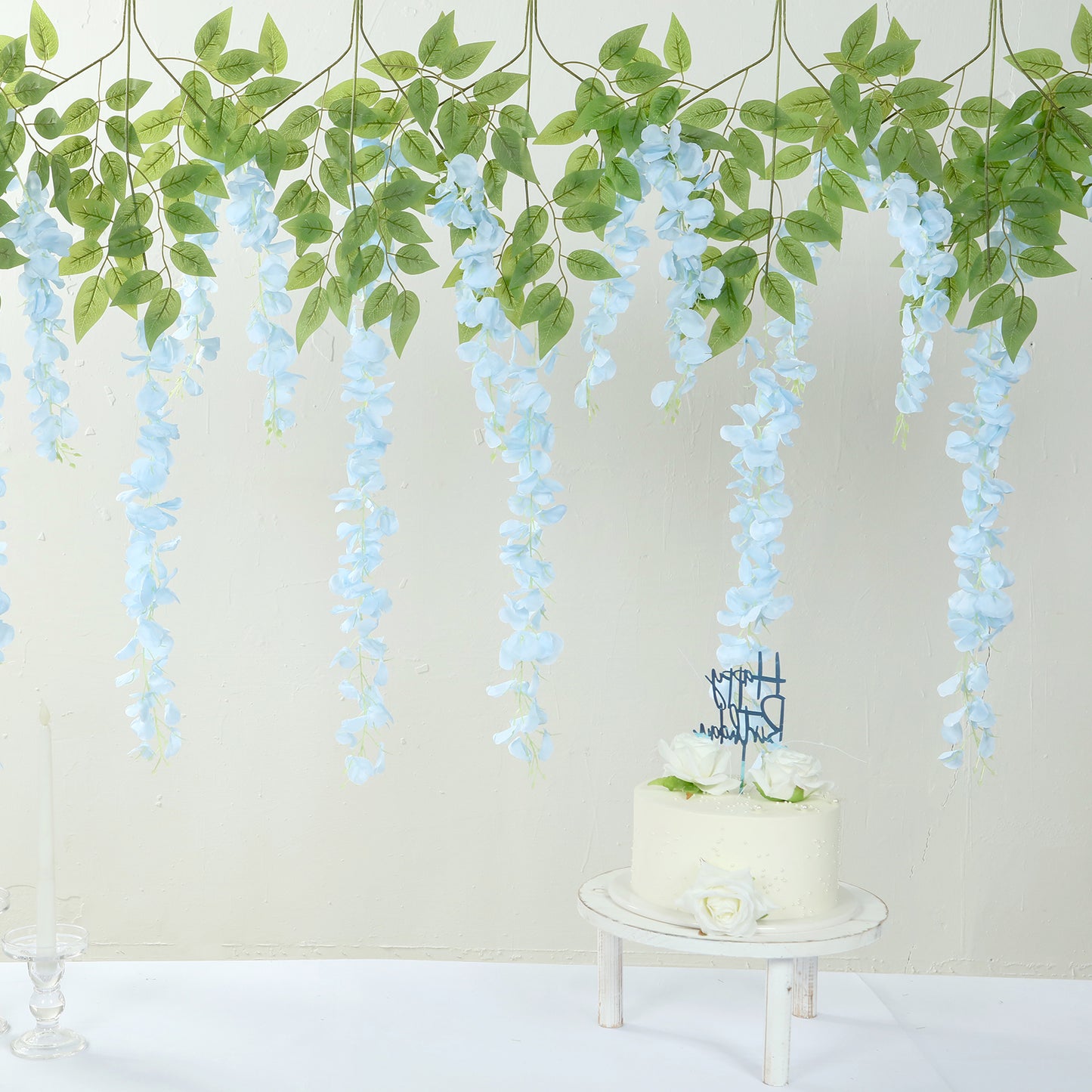 Light blue silk wisteria flower garland vines hanging decor.