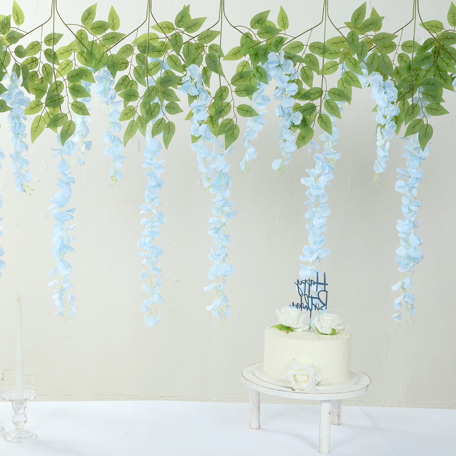 Light blue silk wisteria flower garland vines hanging decor.