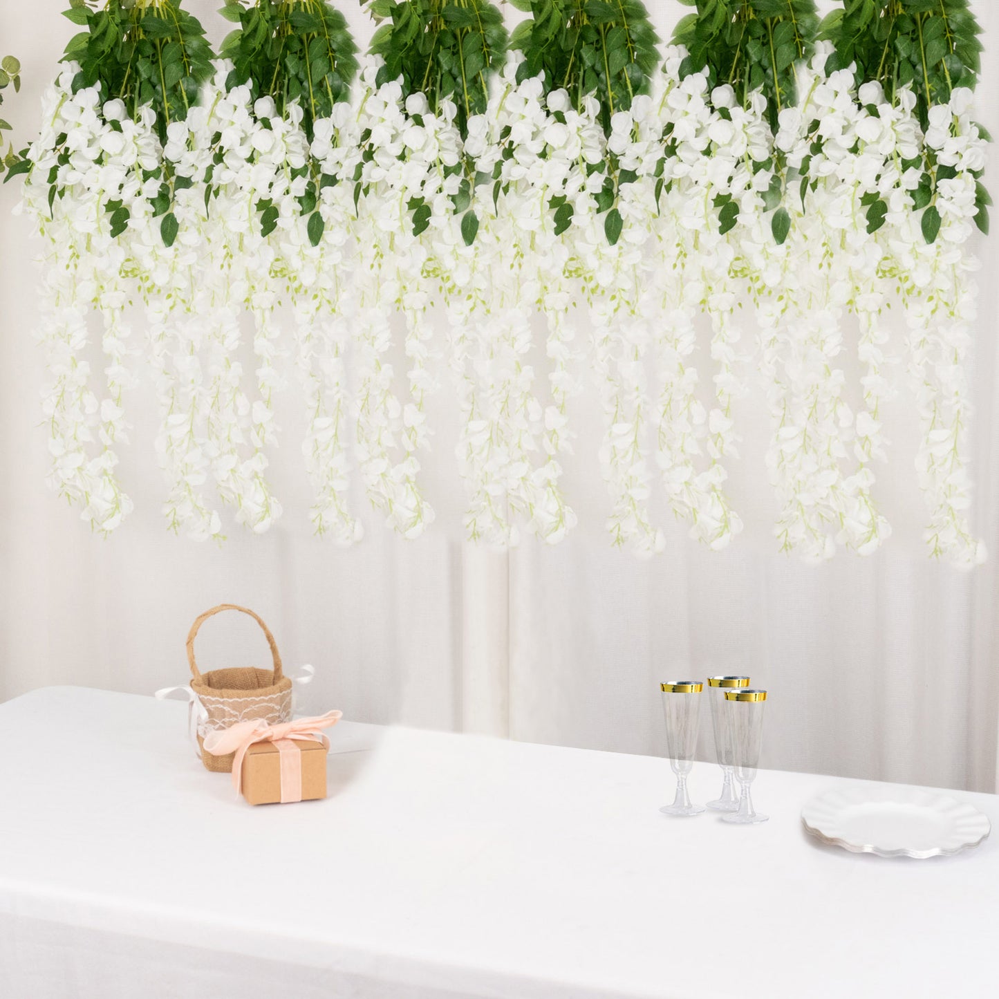 Artificial 44 Inch White Silk Hanging Wisteria Flower Garland Vines 5 Pack