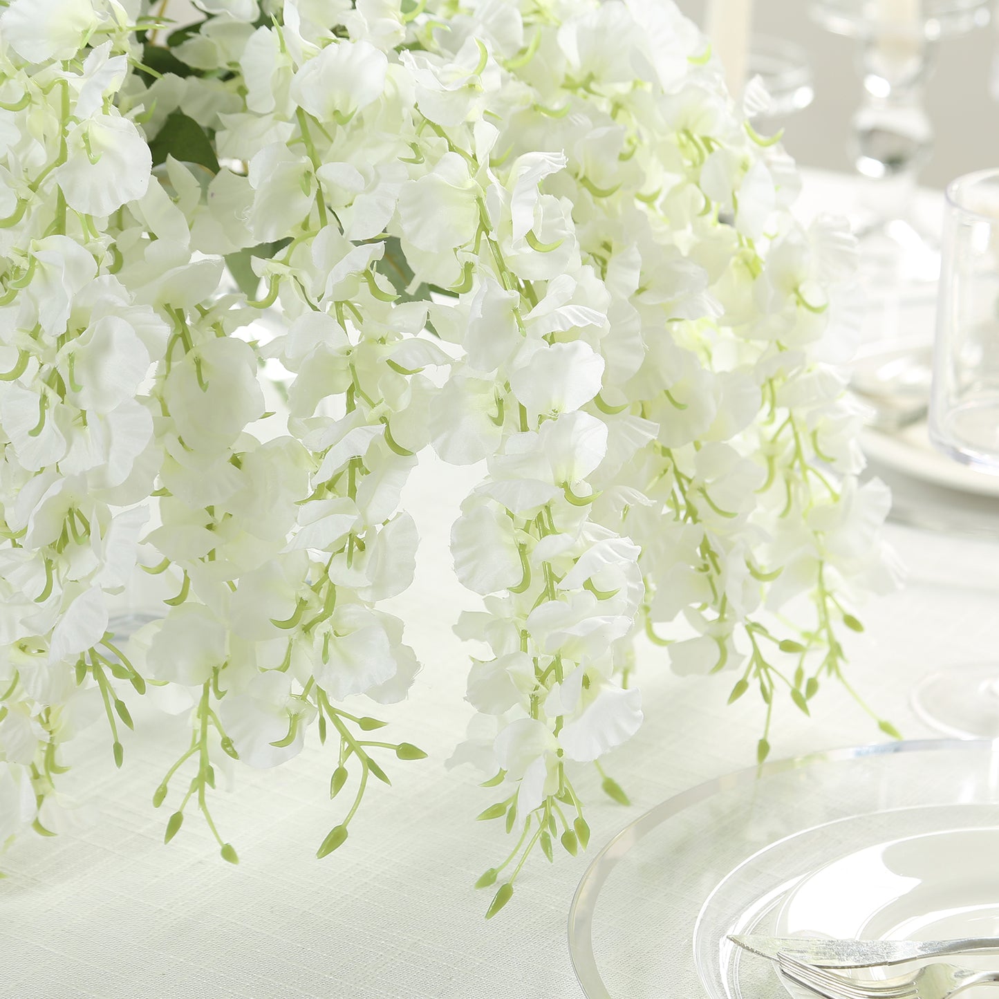 White cream silk wisteria vines hanging plants, 6 pack, 21 inches long.
